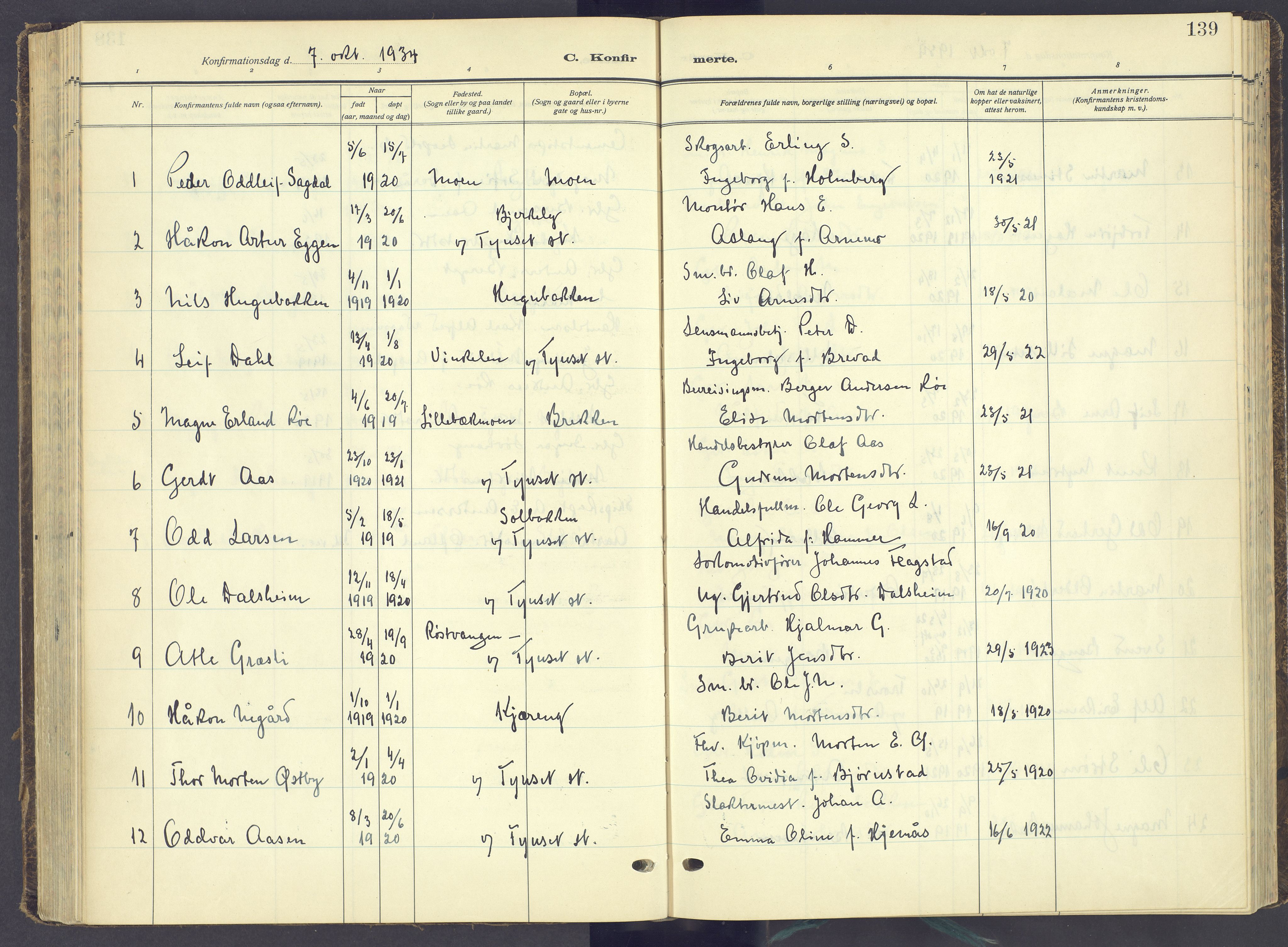 Tynset prestekontor, AV/SAH-PREST-058/H/Ha/Haa/L0027: Parish register (official) no. 27, 1930-1944, p. 139