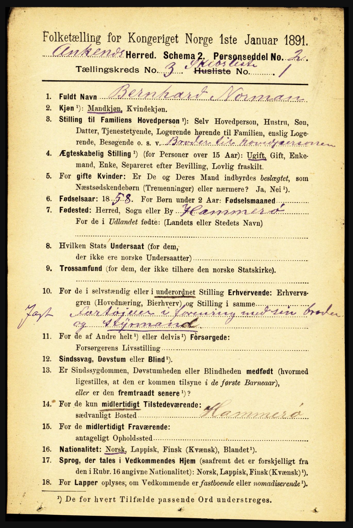 RA, 1891 census for 1855 Ankenes, 1891, p. 2210