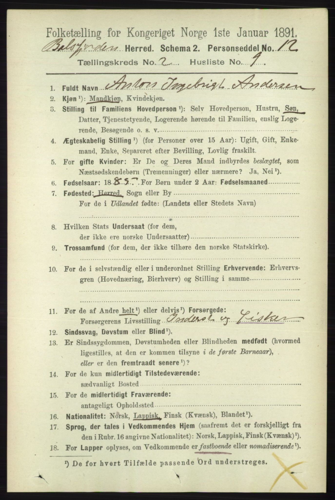 RA, 1891 census for 1933 Balsfjord, 1891, p. 612