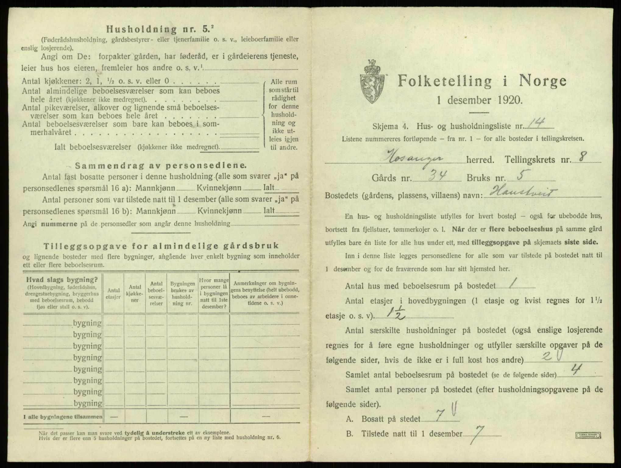SAB, 1920 census for Hosanger, 1920, p. 452