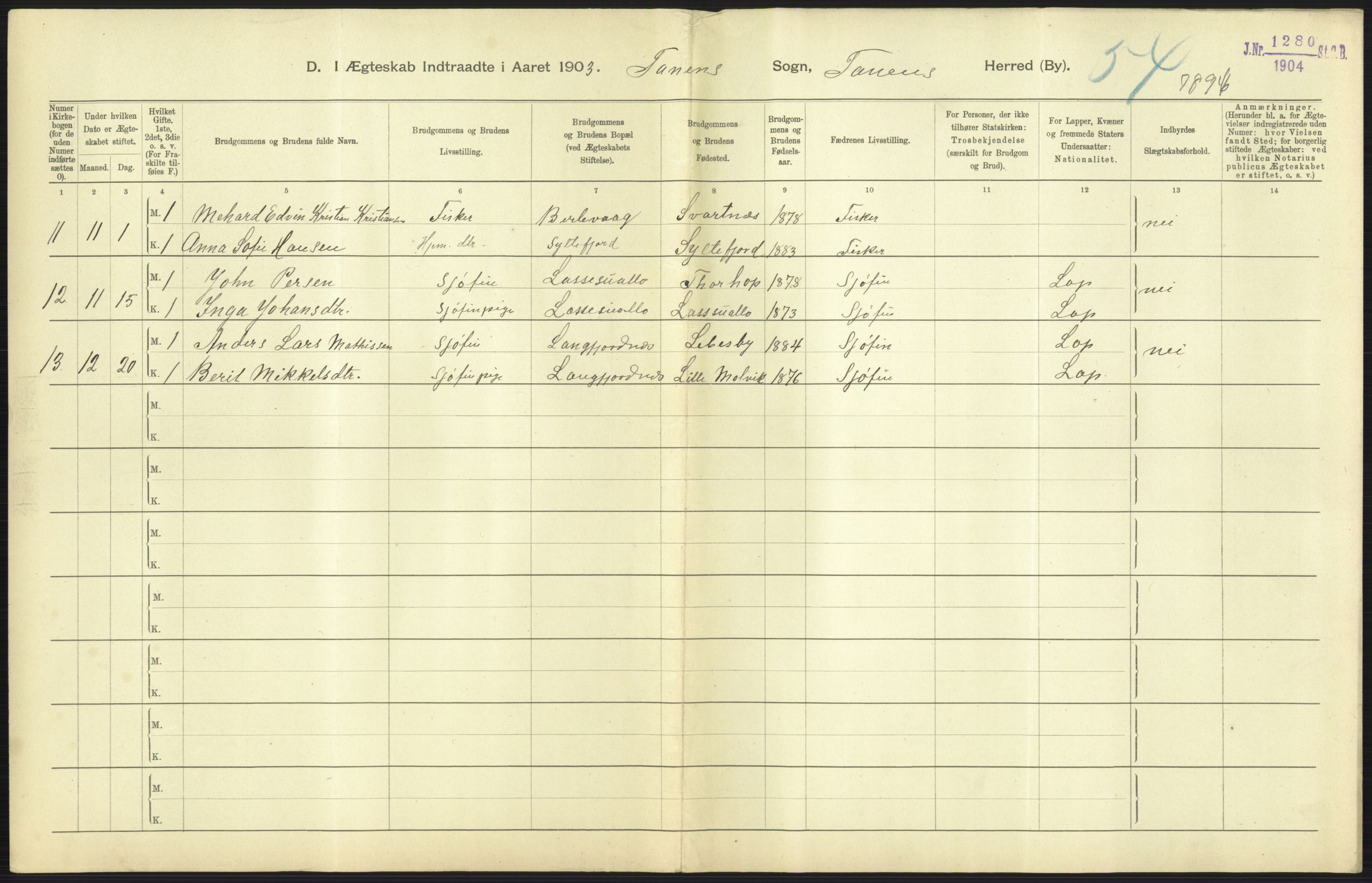 Statistisk sentralbyrå, Sosiodemografiske emner, Befolkning, AV/RA-S-2228/D/Df/Dfa/Dfaa/L0022: Finnmarkens amt: Fødte, gifte, døde., 1903, p. 183