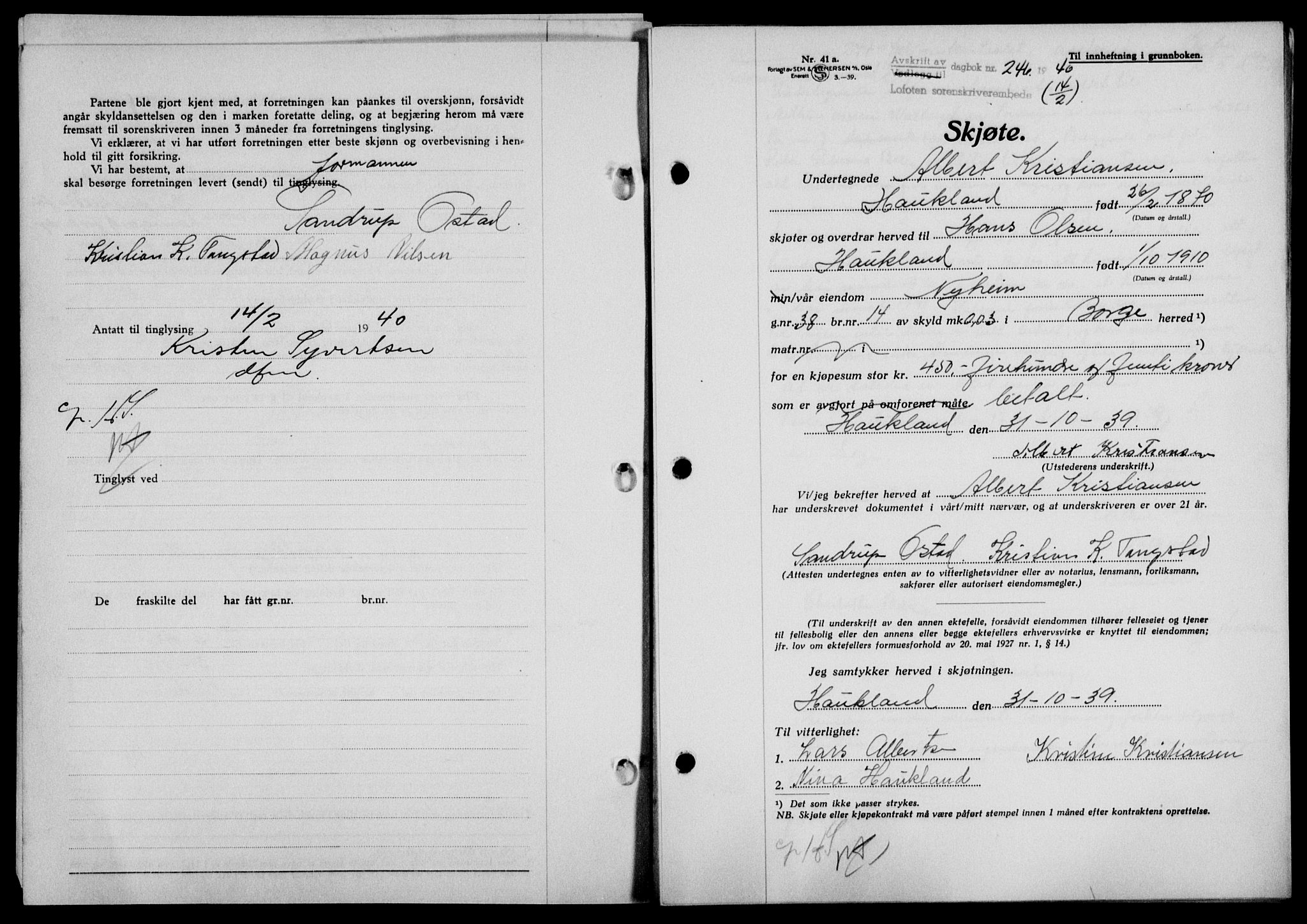 Lofoten sorenskriveri, SAT/A-0017/1/2/2C/L0007a: Mortgage book no. 7a, 1939-1940, Diary no: : 246/1940