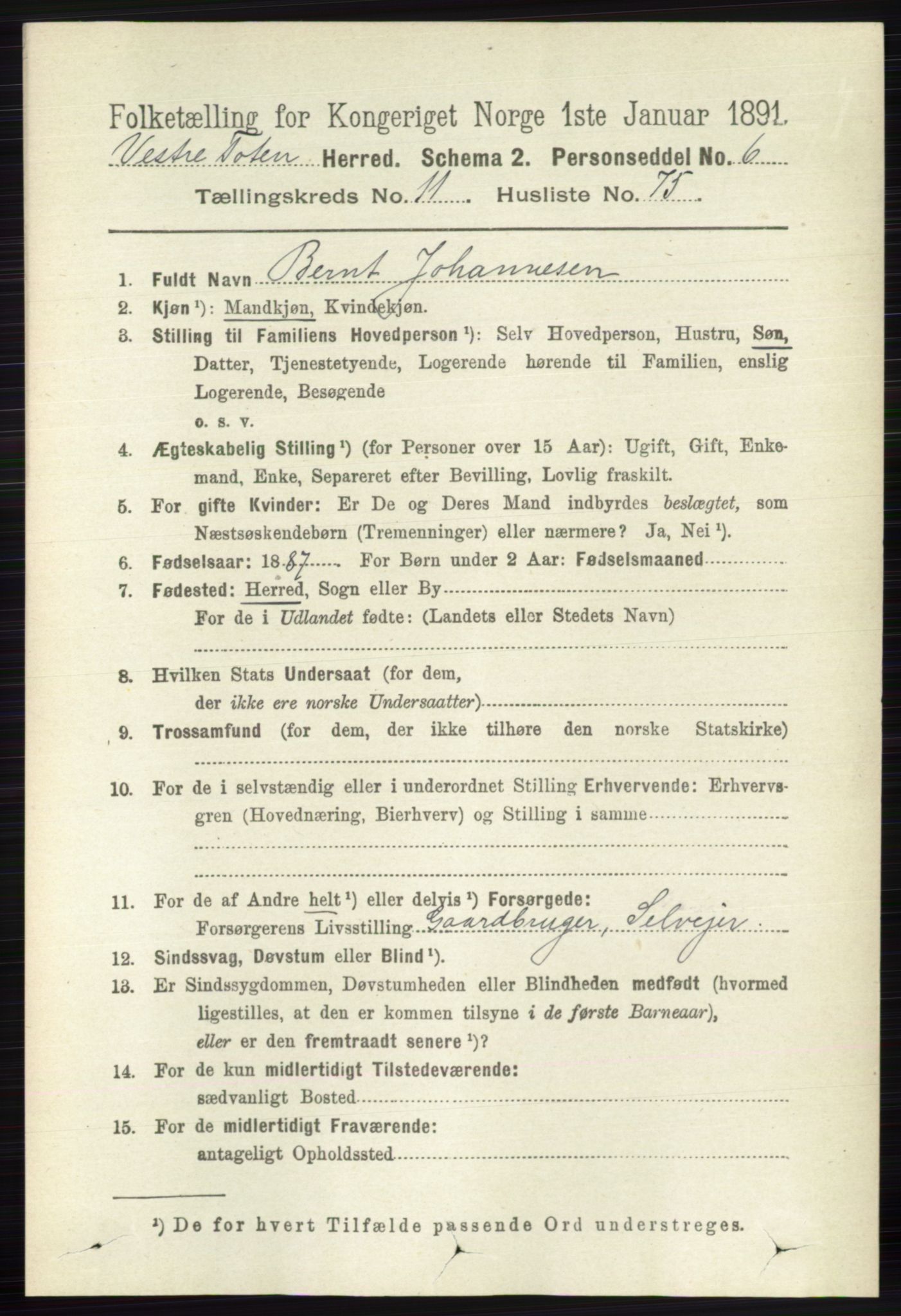 RA, 1891 census for 0529 Vestre Toten, 1891, p. 7168