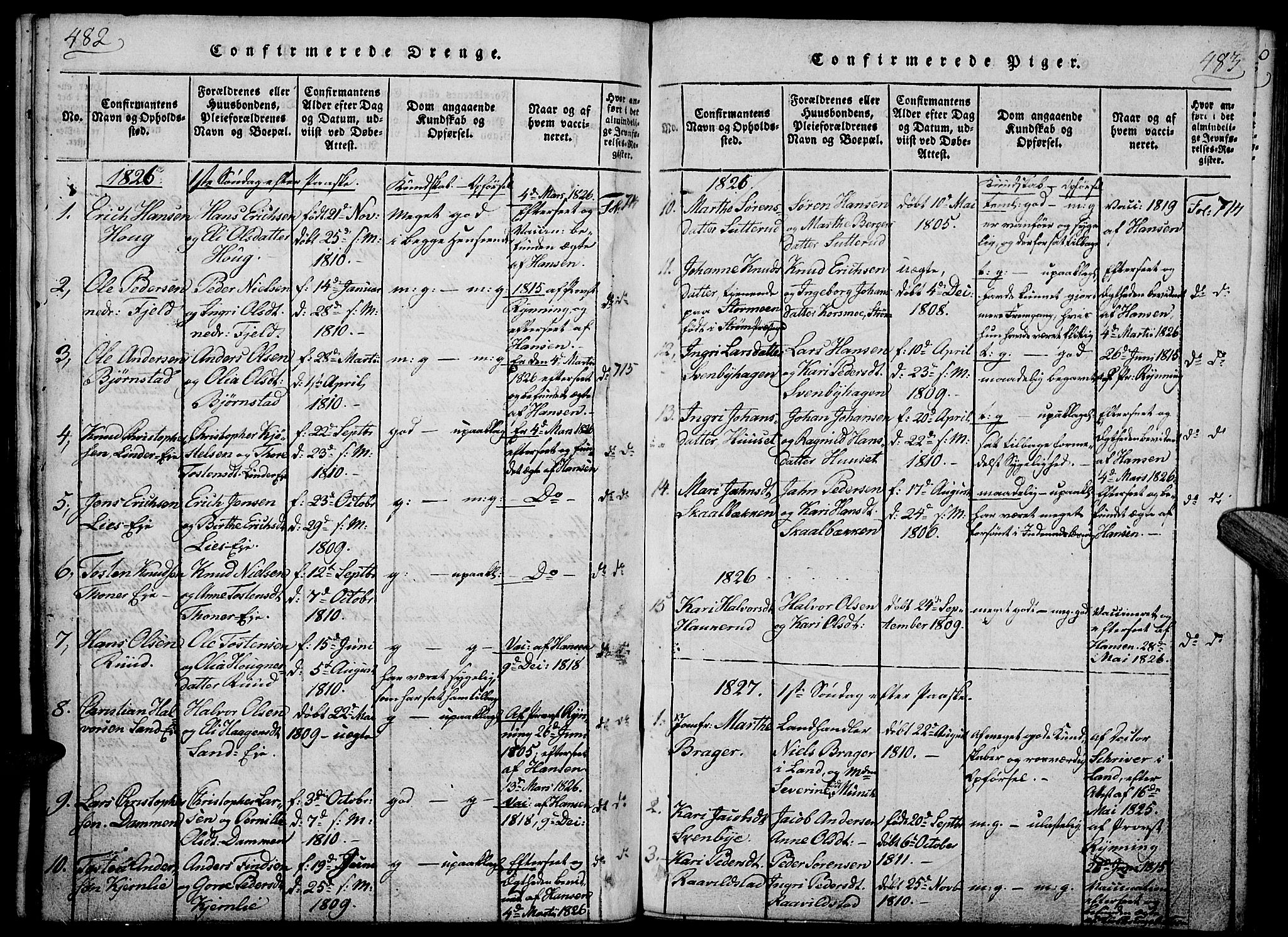 Nord-Odal prestekontor, SAH/PREST-032/H/Ha/Haa/L0001: Parish register (official) no. 1, 1819-1838, p. 482-483