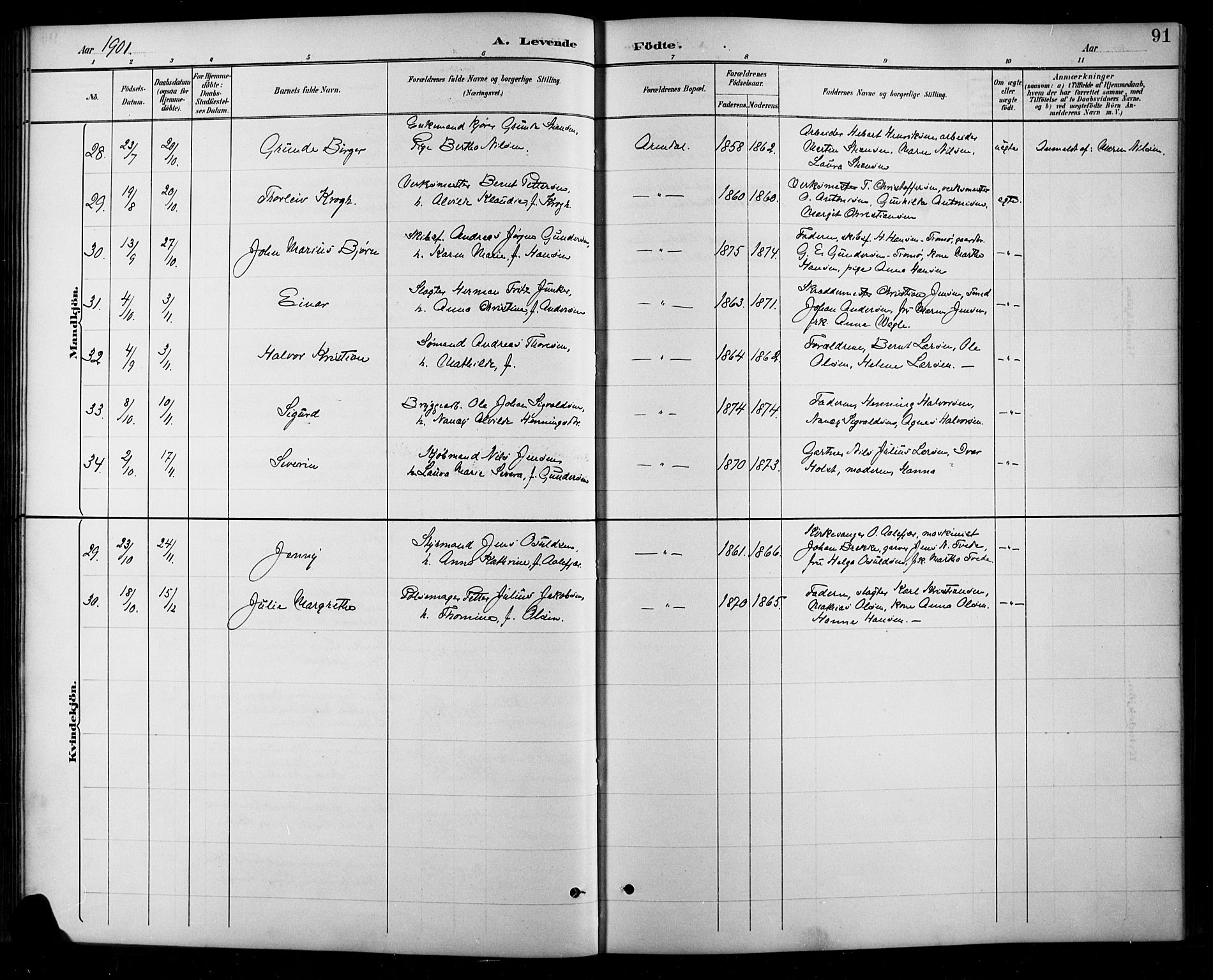 Arendal sokneprestkontor, Trefoldighet, SAK/1111-0040/F/Fb/L0006: Parish register (copy) no. B 6, 1889-1916, p. 91
