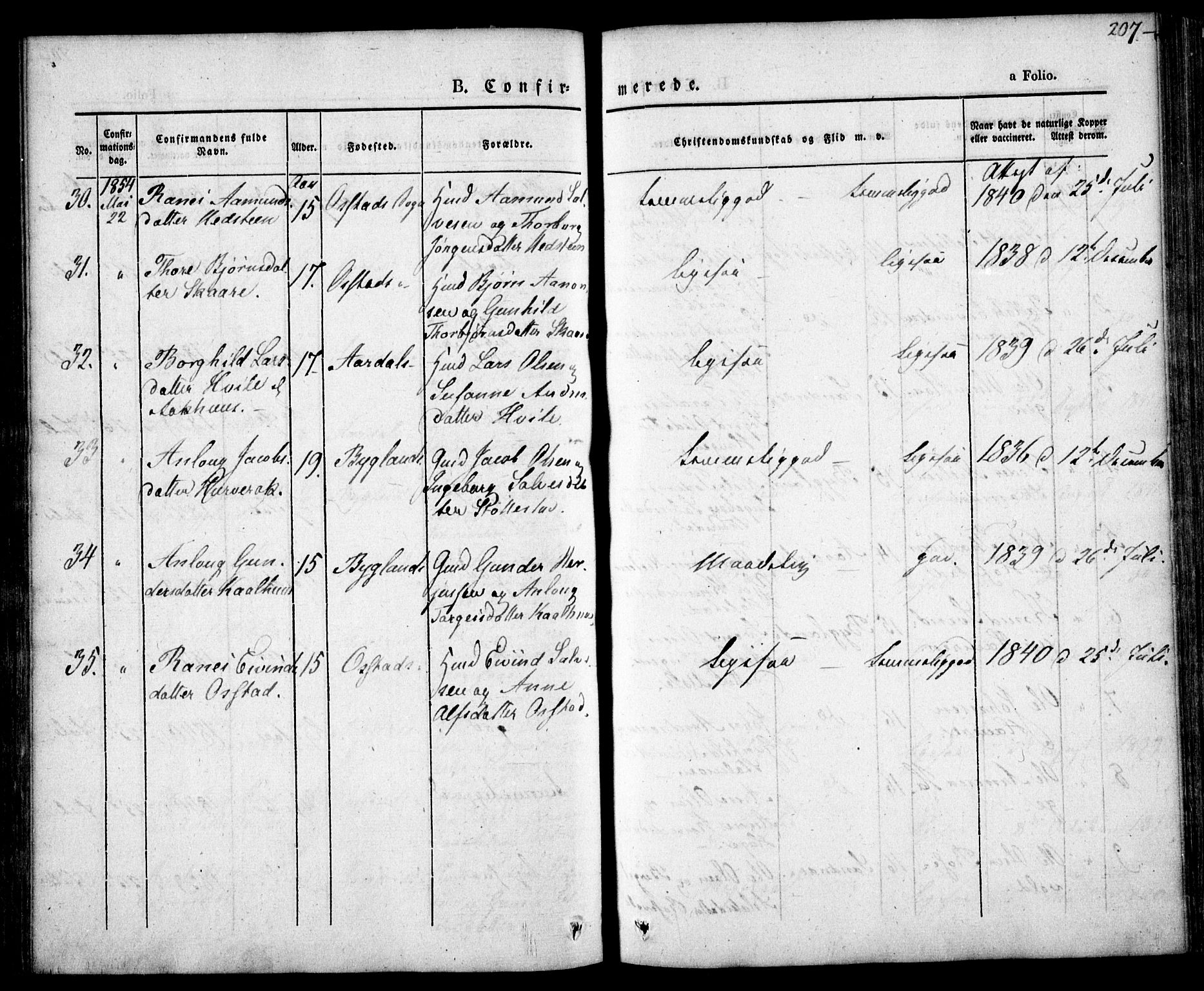 Bygland sokneprestkontor, AV/SAK-1111-0006/F/Fa/Fab/L0004: Parish register (official) no. A 4, 1842-1858, p. 207