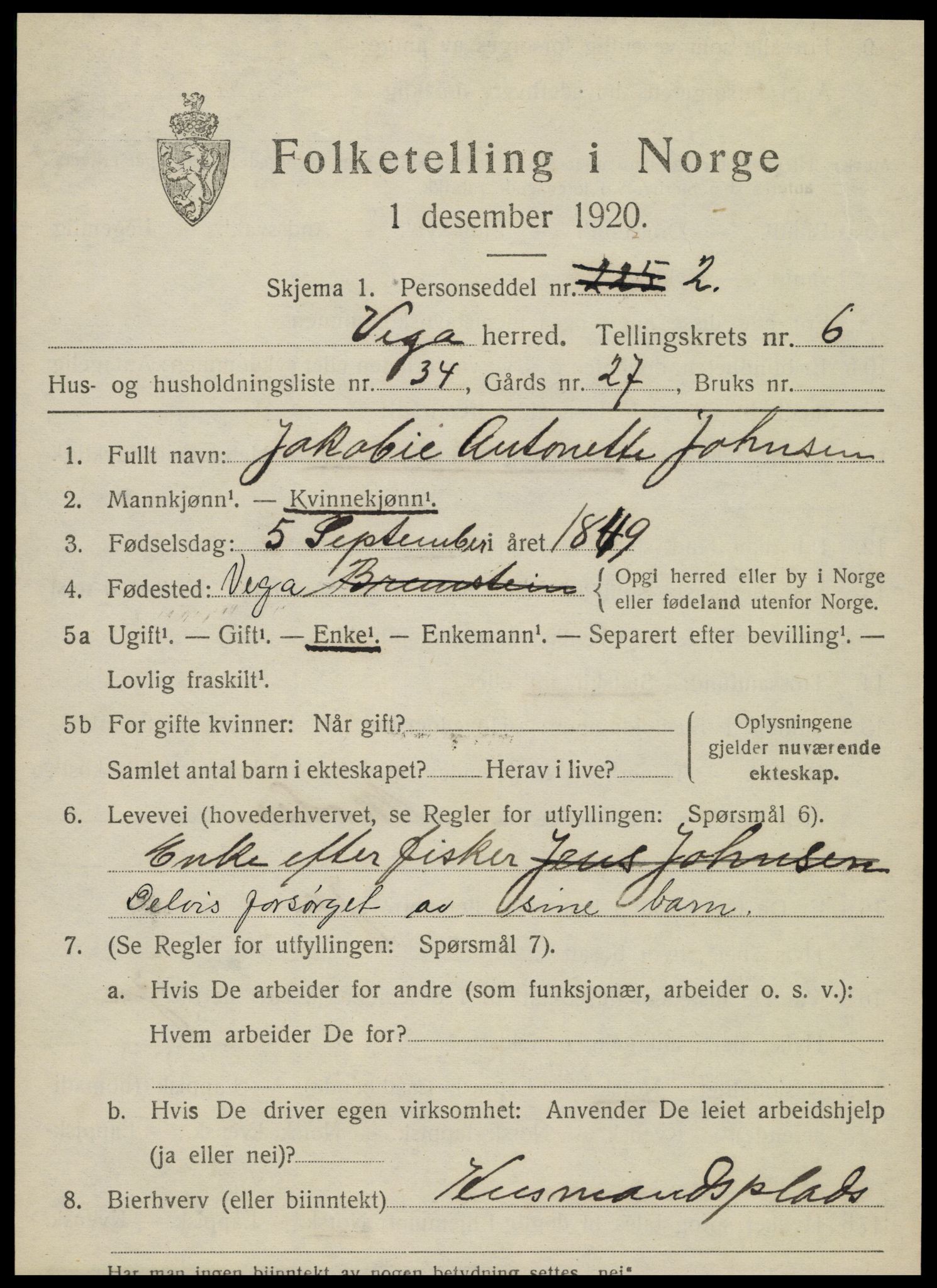 SAT, 1920 census for Vega, 1920, p. 3407