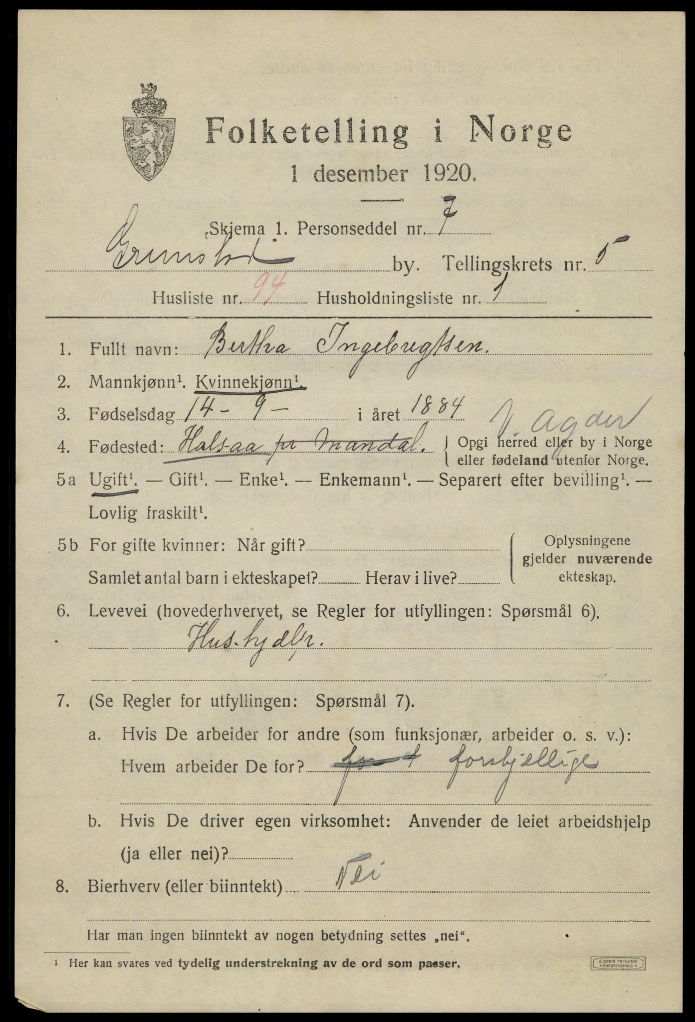 SAK, 1920 census for Grimstad, 1920, p. 7279