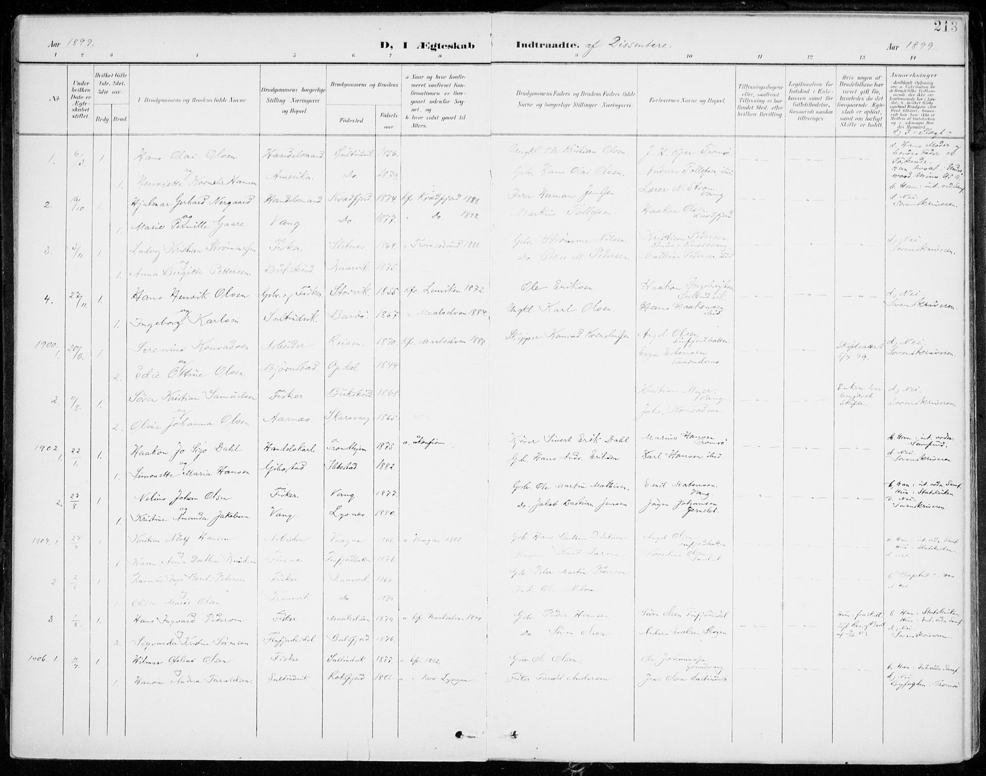 Lenvik sokneprestembete, SATØ/S-1310/H/Ha/Haa/L0014kirke: Parish register (official) no. 14, 1899-1909, p. 213