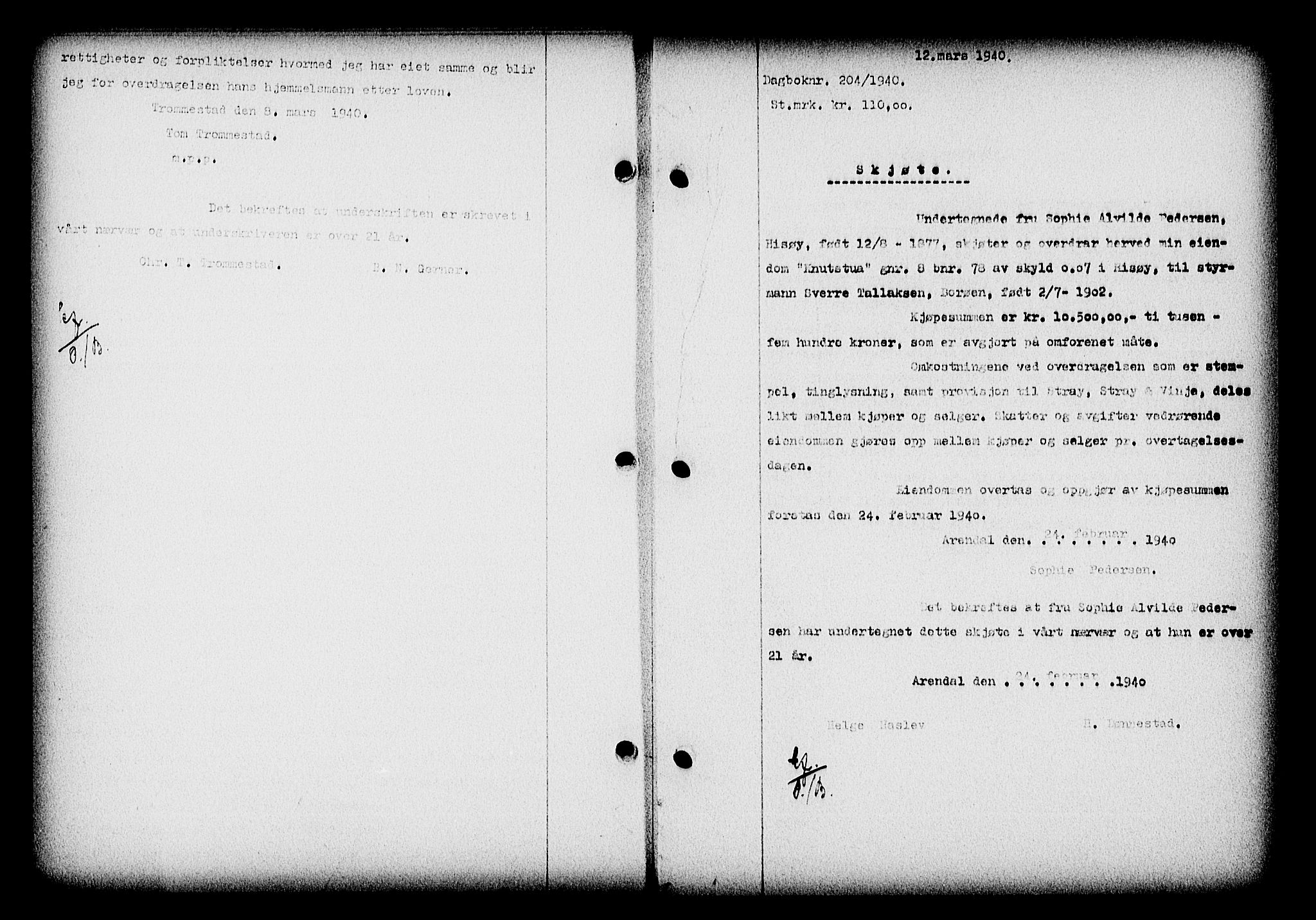 Nedenes sorenskriveri, SAK/1221-0006/G/Gb/Gba/L0047: Mortgage book no. A-I, 1939-1940, Diary no: : 204/1940