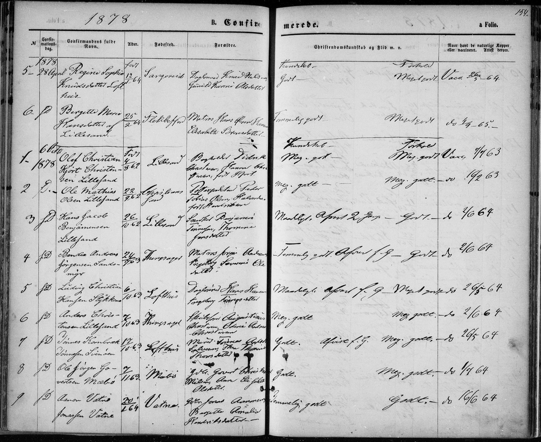 Vestre Moland sokneprestkontor, AV/SAK-1111-0046/F/Fa/Fab/L0008: Parish register (official) no. A 8, 1873-1883, p. 154