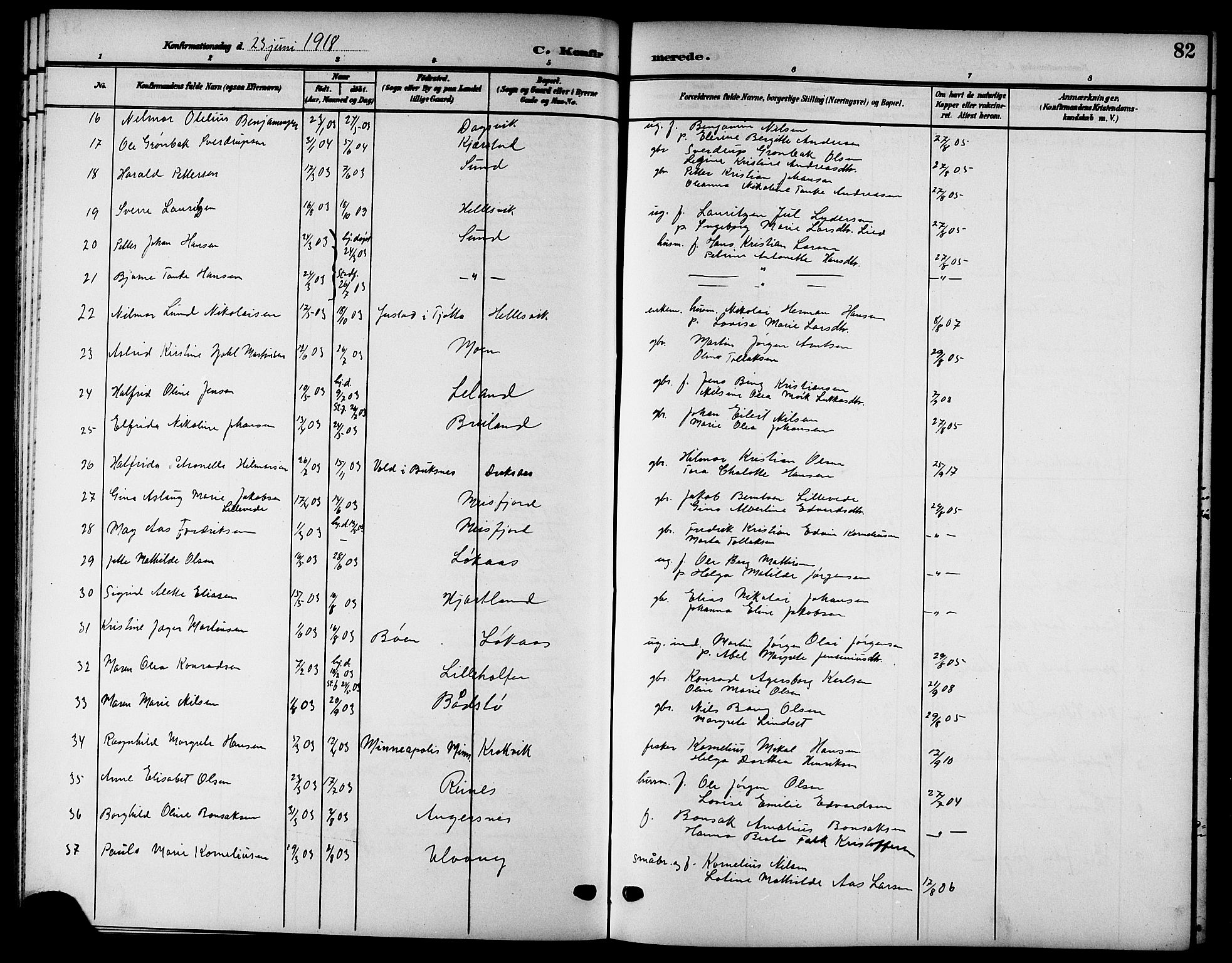 Ministerialprotokoller, klokkerbøker og fødselsregistre - Nordland, AV/SAT-A-1459/832/L0494: Parish register (copy) no. 832C01, 1906-1922, p. 82