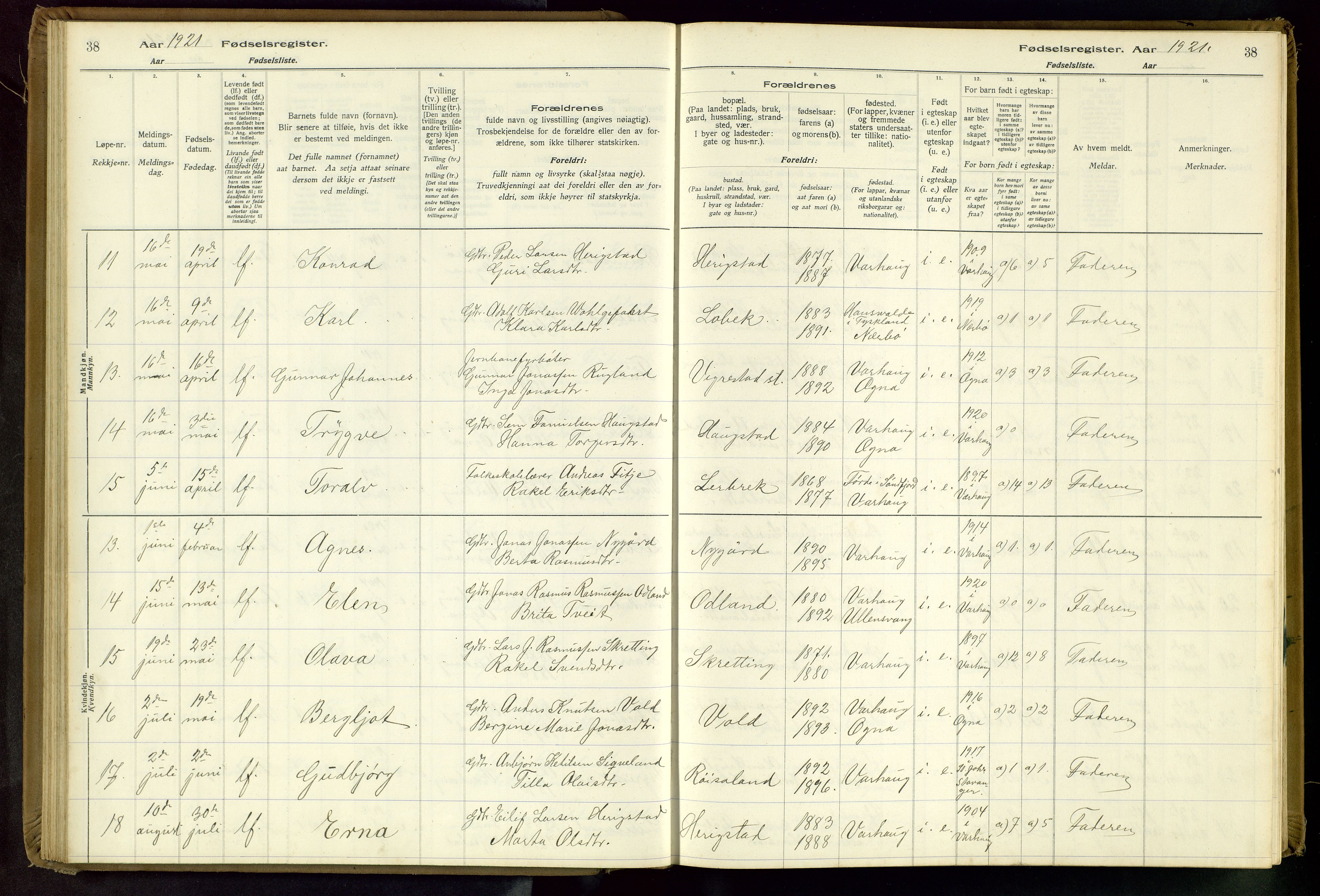 Hå sokneprestkontor, AV/SAST-A-101801/001/704BA/L0001: Birth register no. 1, 1916-1944, p. 38