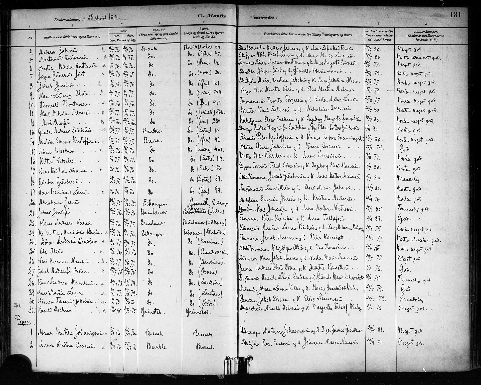 Brevik kirkebøker, SAKO/A-255/F/Fa/L0007: Parish register (official) no. 7, 1882-1900, p. 131