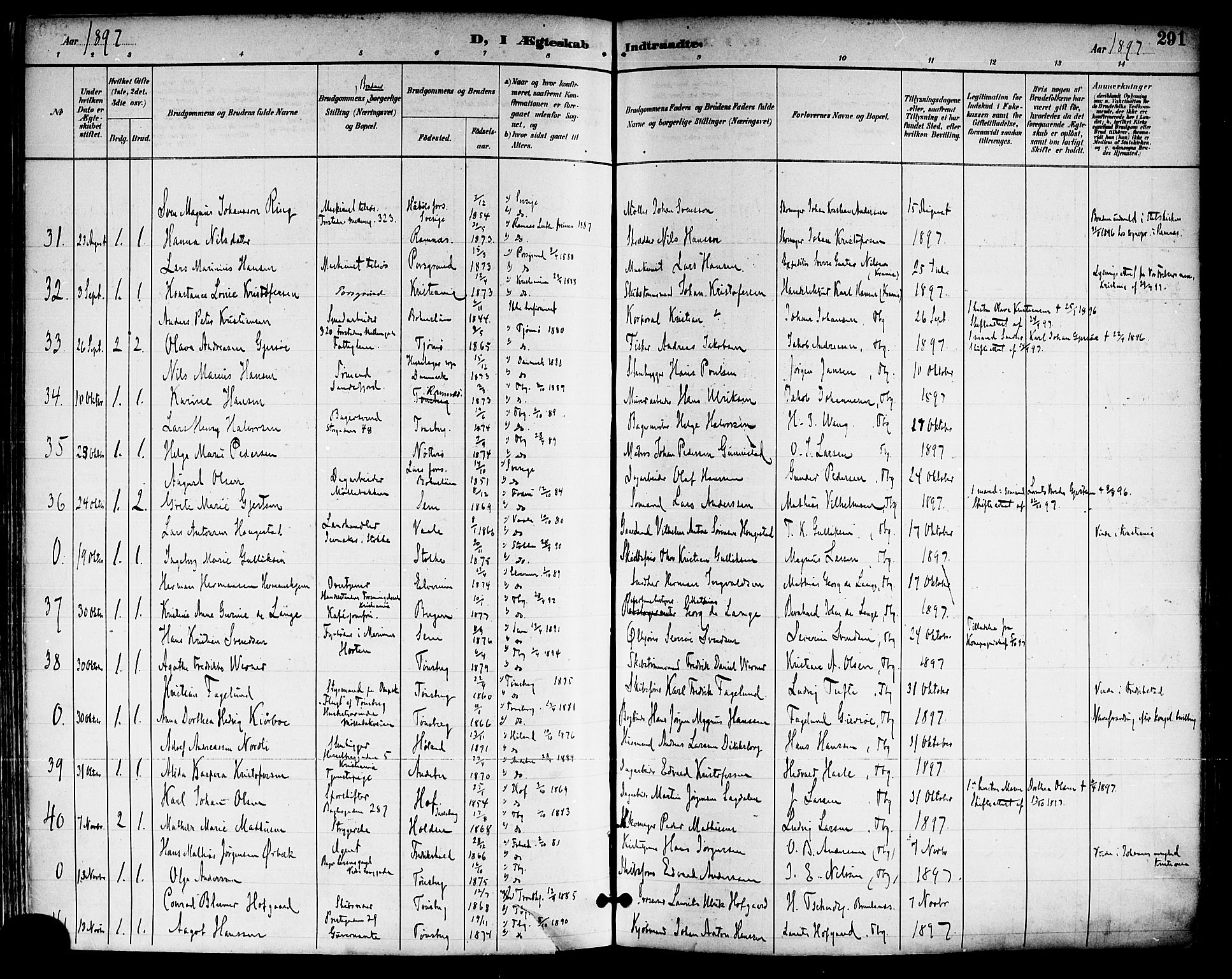 Tønsberg kirkebøker, AV/SAKO-A-330/F/Fa/L0012: Parish register (official) no. I 12, 1891-1899, p. 291
