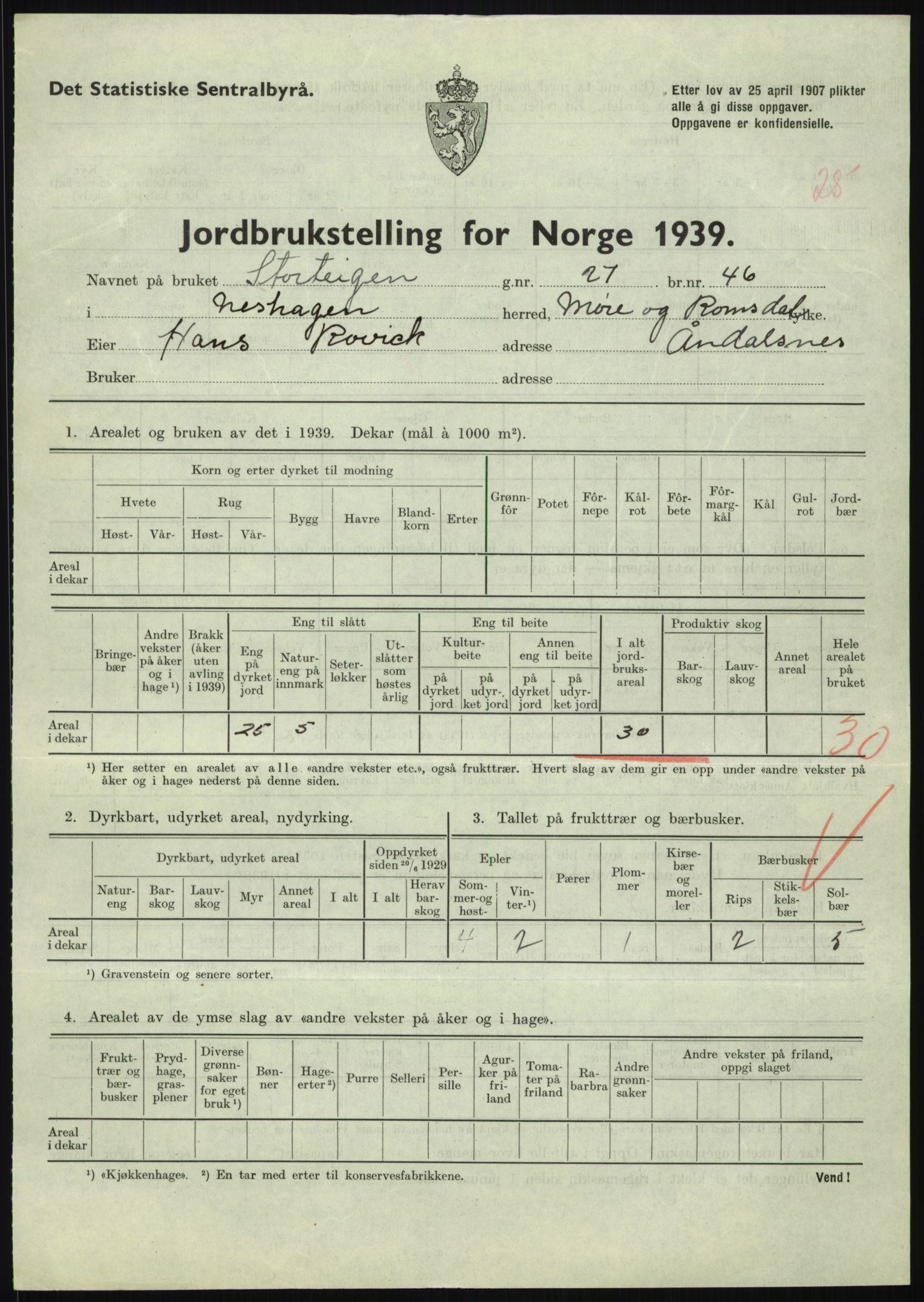 Statistisk sentralbyrå, Næringsøkonomiske emner, Jordbruk, skogbruk, jakt, fiske og fangst, AV/RA-S-2234/G/Gb/L0251: Møre og Romsdal: Voll, Eid, Grytten og Hen, 1939, p. 667