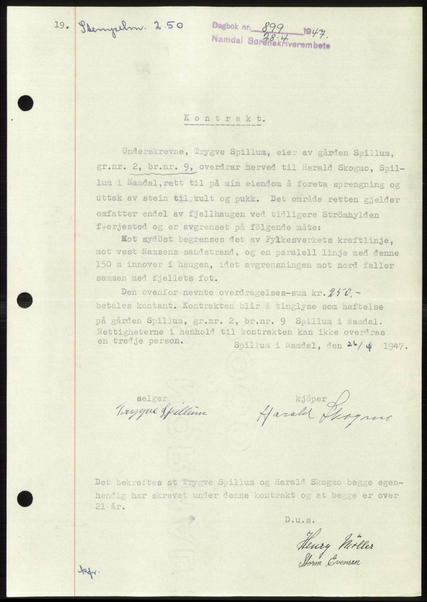 Namdal sorenskriveri, AV/SAT-A-4133/1/2/2C: Mortgage book no. -, 1947-1947, Diary no: : 899/1947