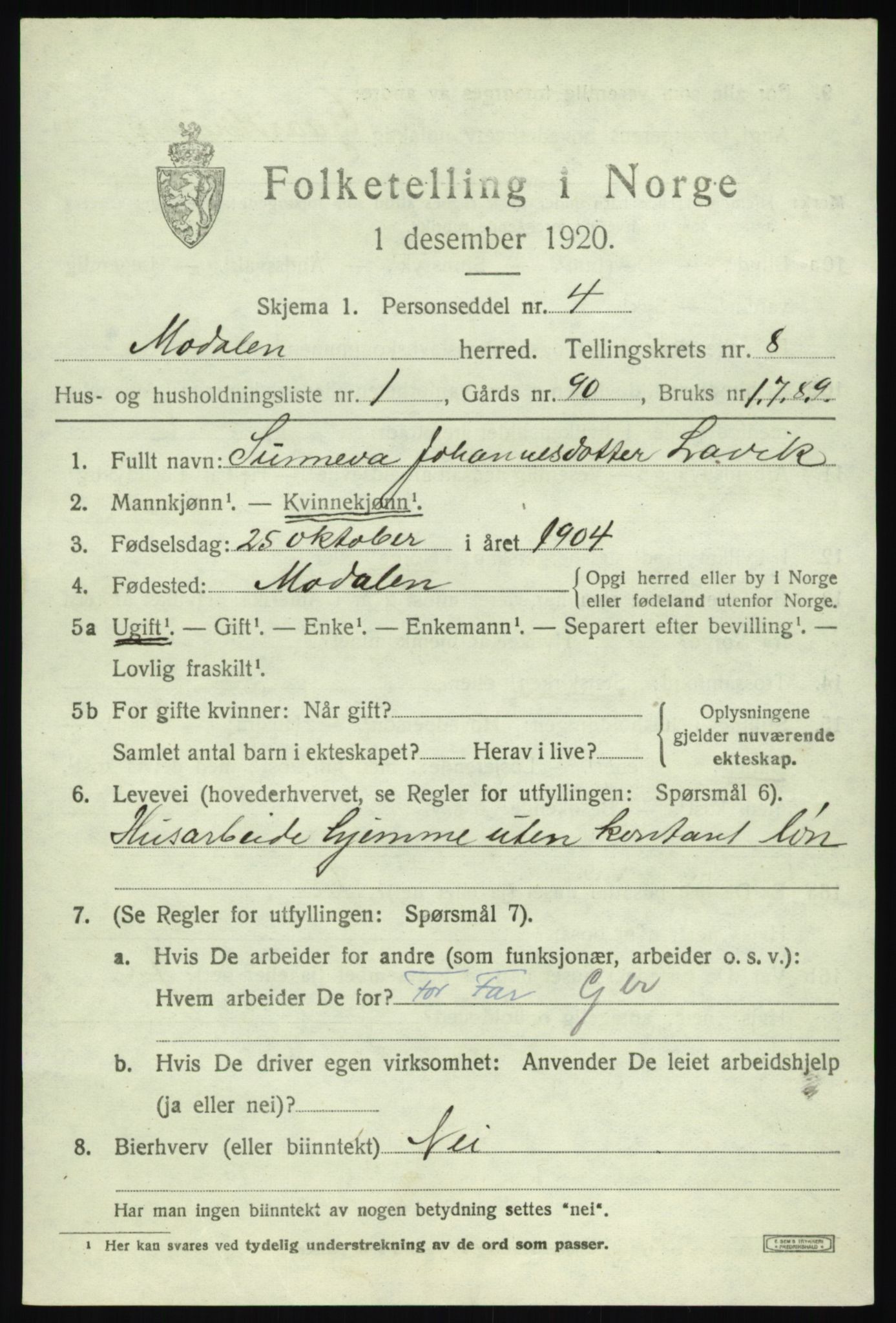 SAB, 1920 census for Modalen, 1920, p. 1460