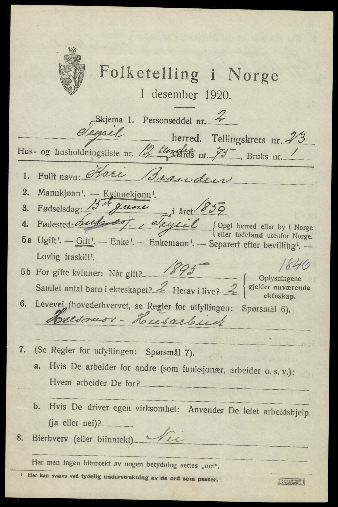 SAH, 1920 census for Trysil, 1920, p. 14975