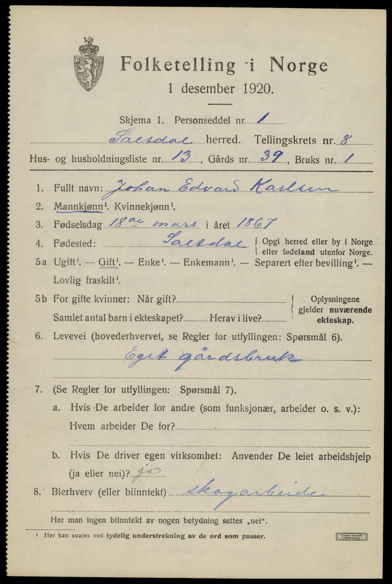 SAT, 1920 census for Saltdal, 1920, p. 8715