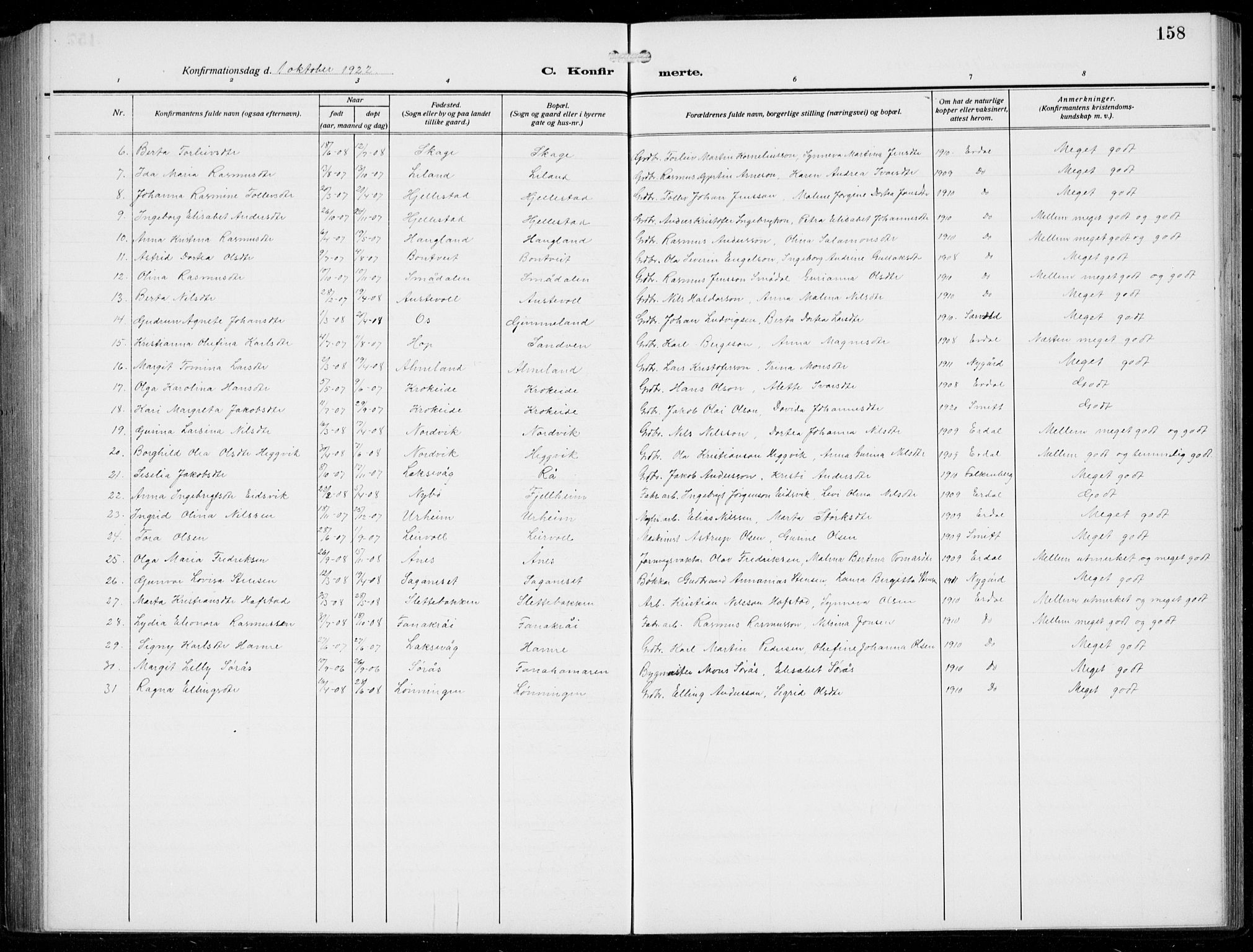 Fana Sokneprestembete, AV/SAB-A-75101/H/Hab/Haba/L0005: Parish register (copy) no. A 5, 1911-1932, p. 158