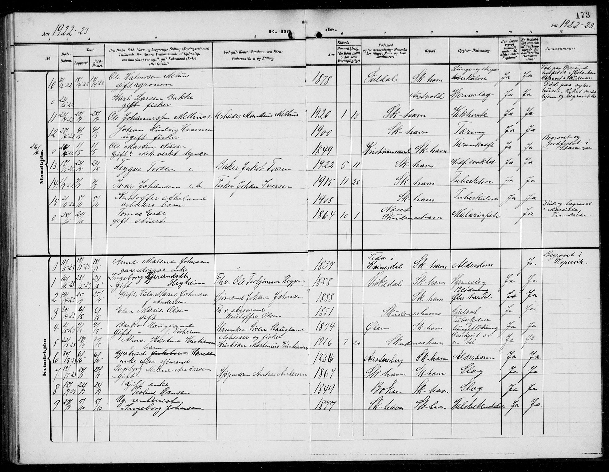 Skudenes sokneprestkontor, SAST/A -101849/H/Ha/Hab/L0010: Parish register (copy) no. B 10, 1908-1936, p. 173
