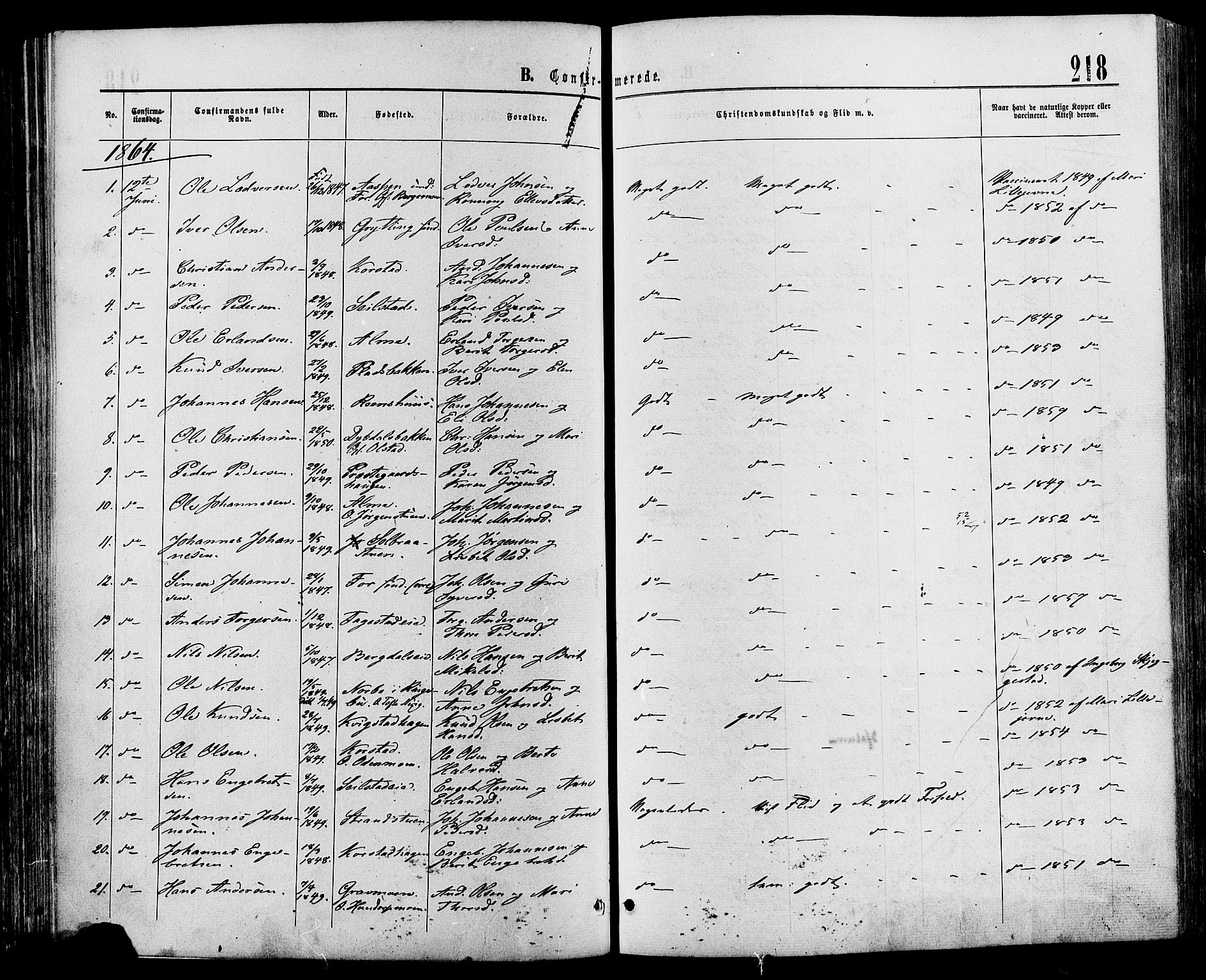 Sør-Fron prestekontor, AV/SAH-PREST-010/H/Ha/Haa/L0002: Parish register (official) no. 2, 1864-1880, p. 218