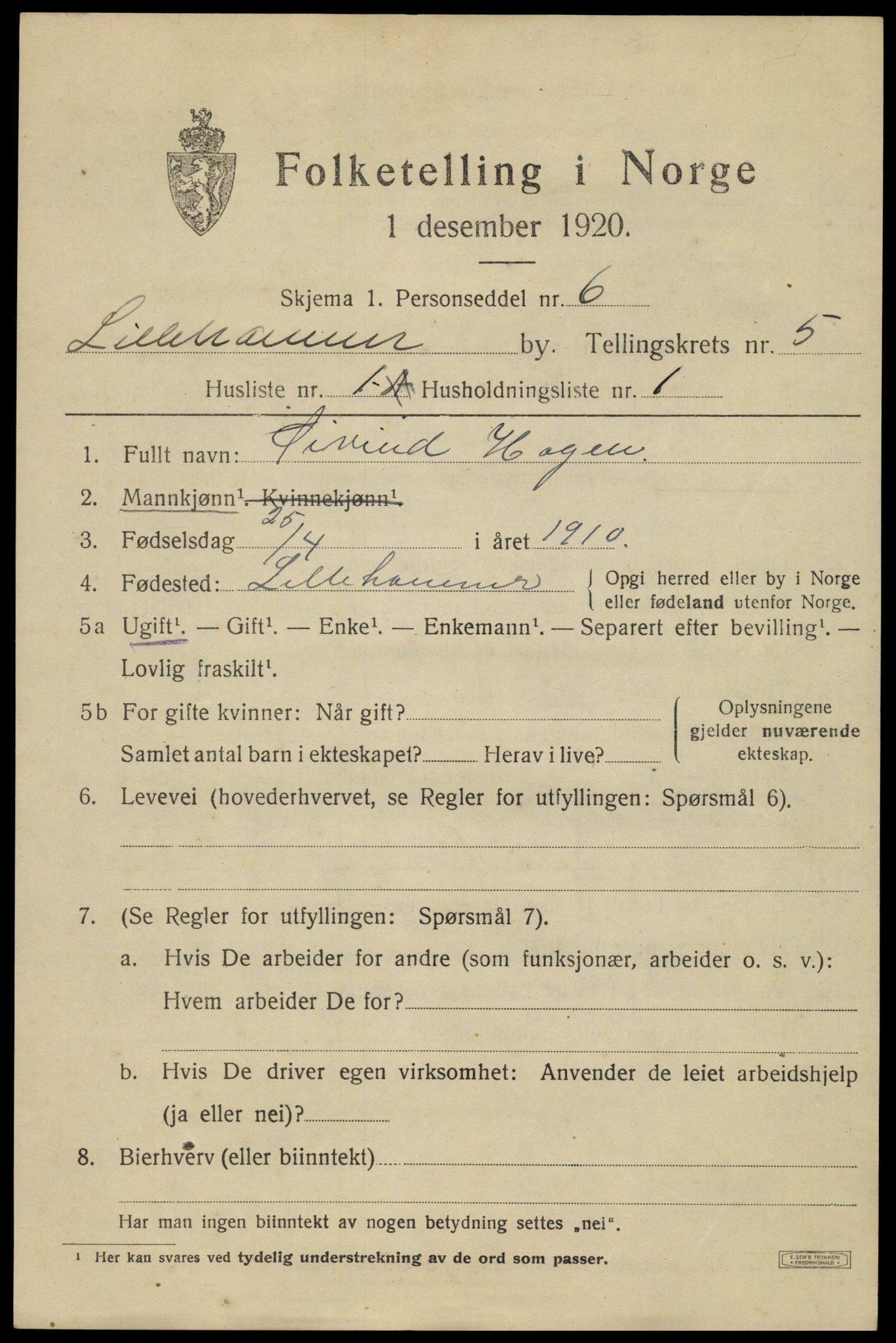 SAH, 1920 census for Lillehammer, 1920, p. 7656