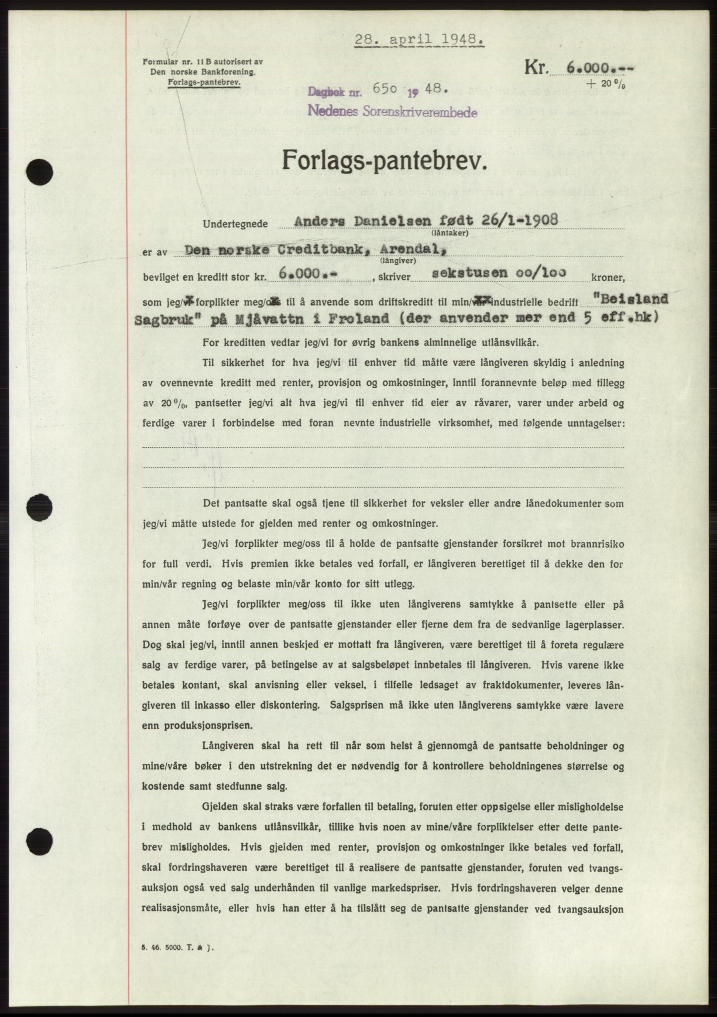 Nedenes sorenskriveri, AV/SAK-1221-0006/G/Gb/Gbb/L0005: Mortgage book no. B5, 1948-1948, Diary no: : 650/1948