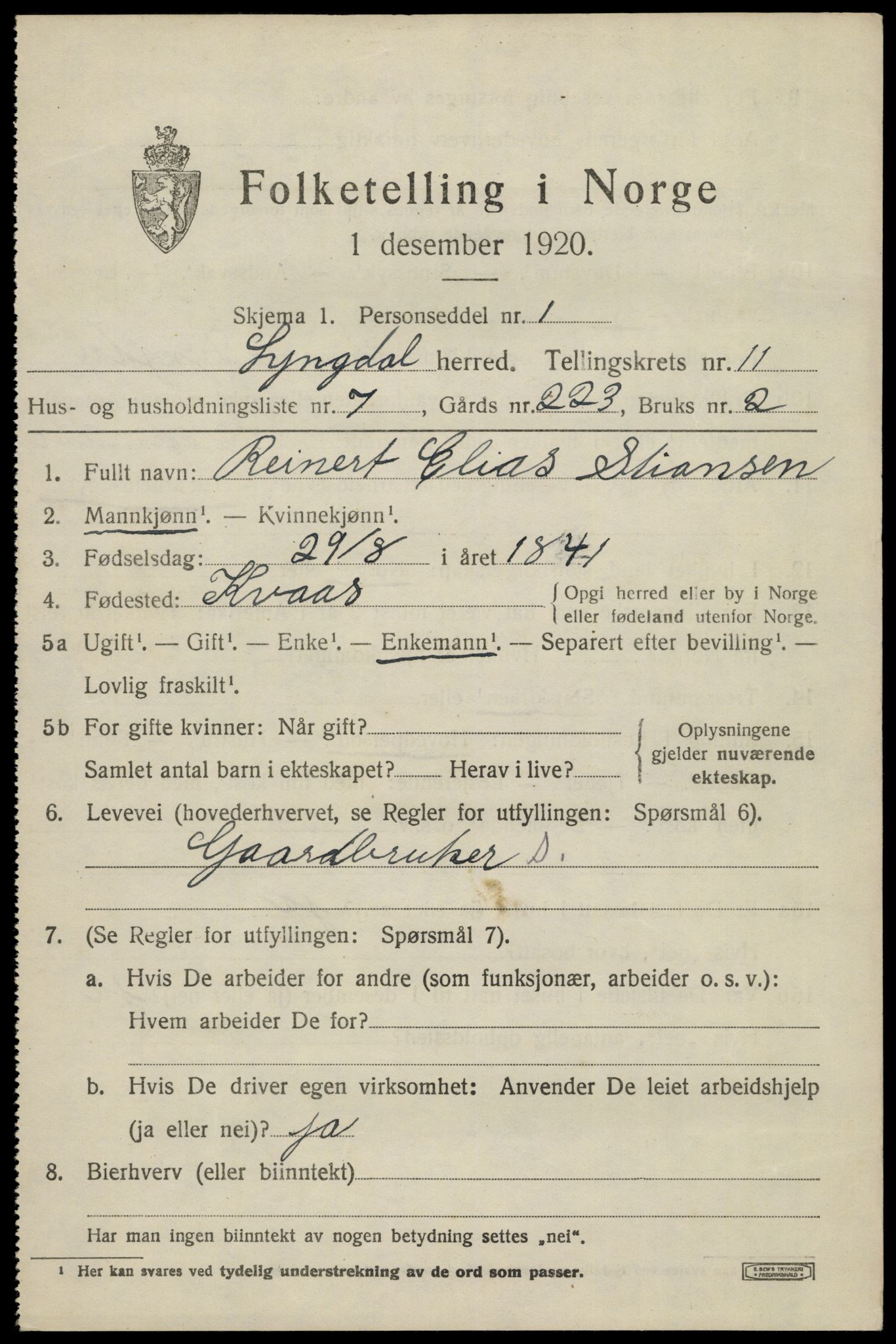 SAK, 1920 census for Lyngdal, 1920, p. 5345