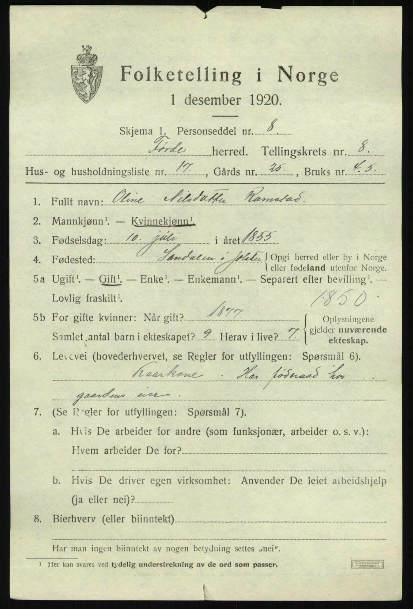 SAB, 1920 census for Førde, 1920, p. 3368