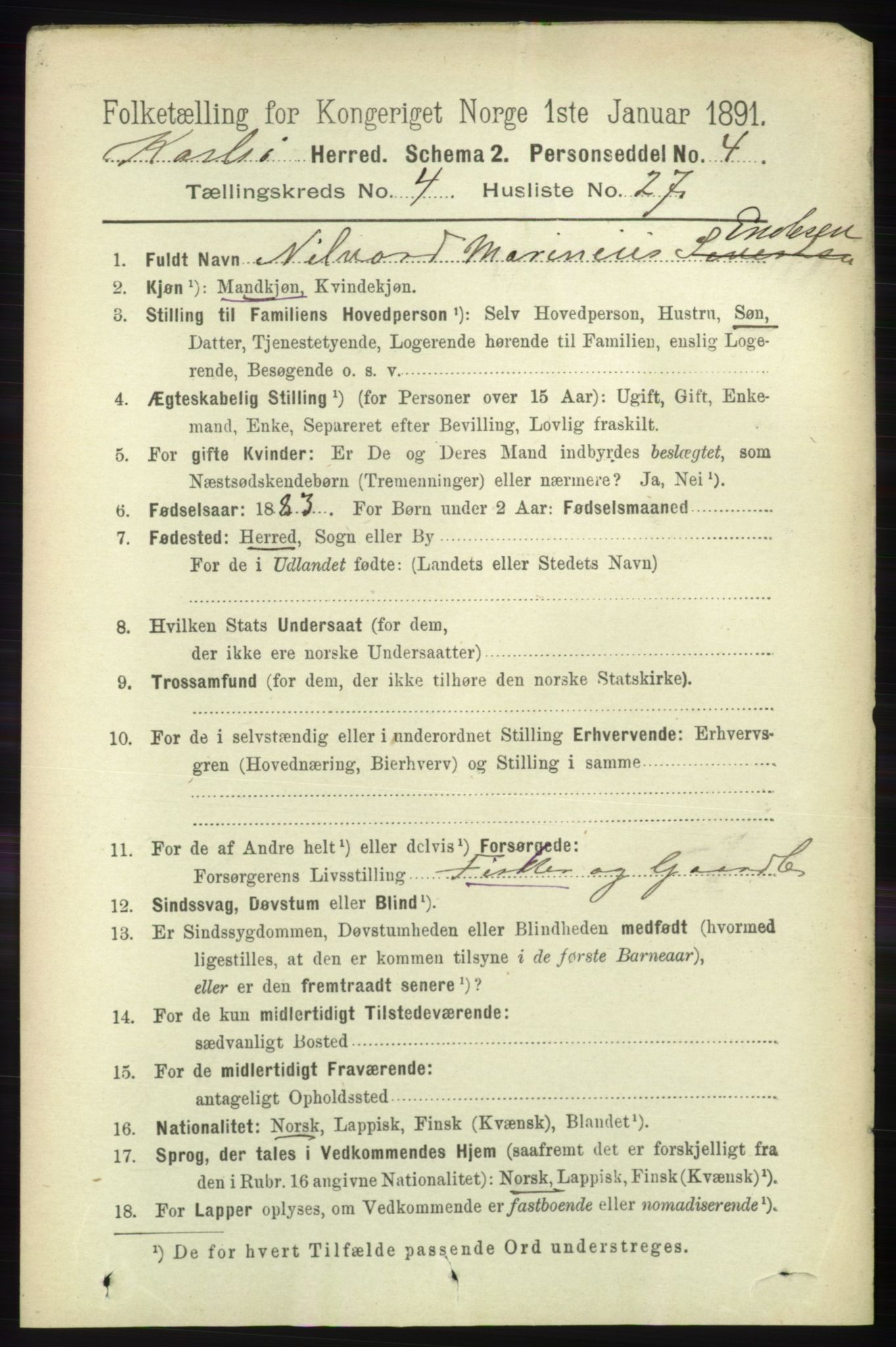 RA, 1891 census for 1936 Karlsøy, 1891, p. 1030