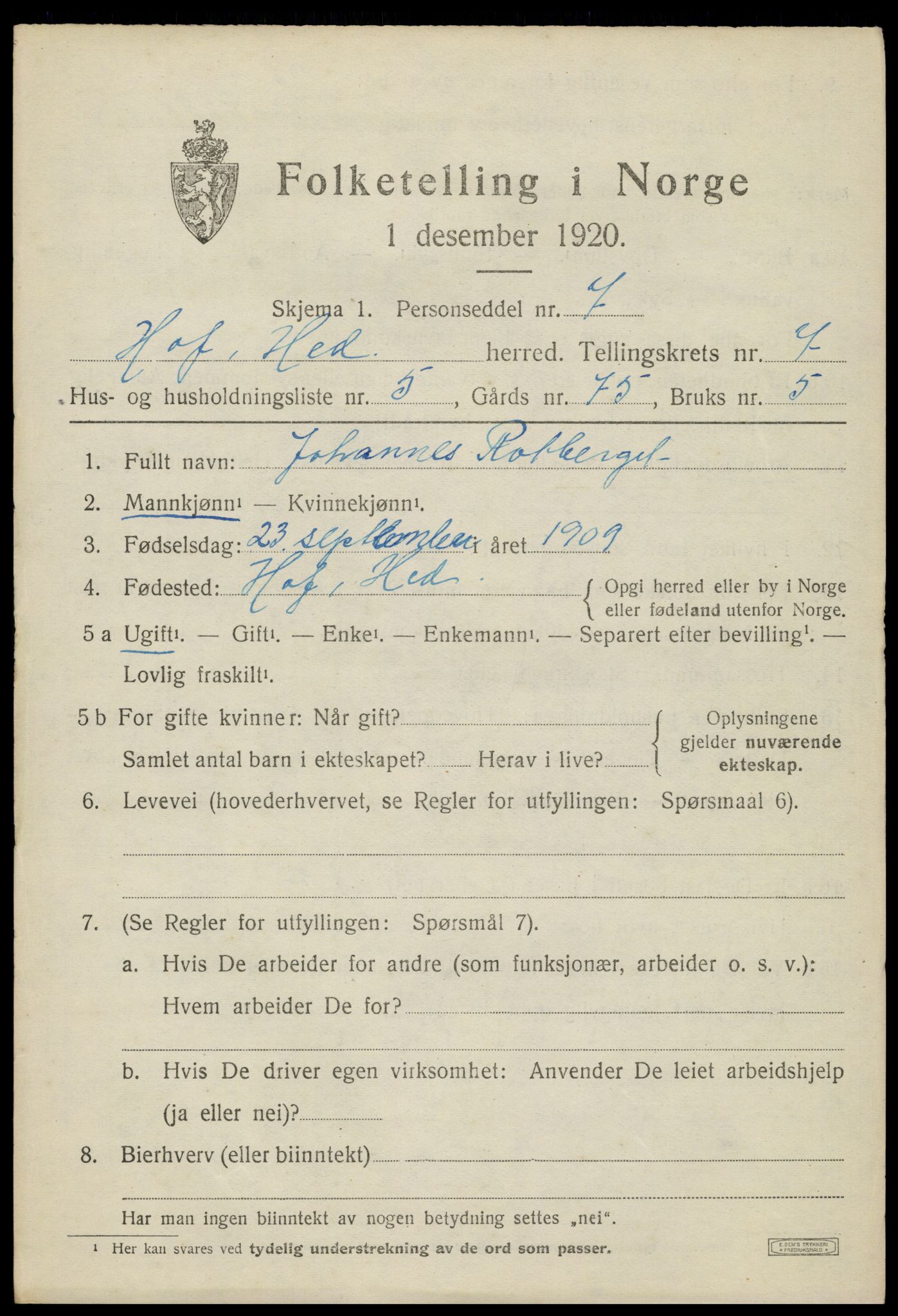 SAH, 1920 census for Hof, 1920, p. 7959