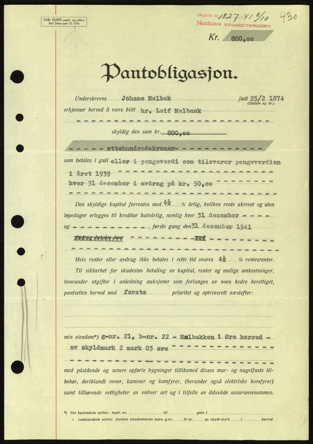 Nordmøre sorenskriveri, SAT/A-4132/1/2/2Ca: Mortgage book no. B88, 1941-1942, Diary no: : 1827/1941