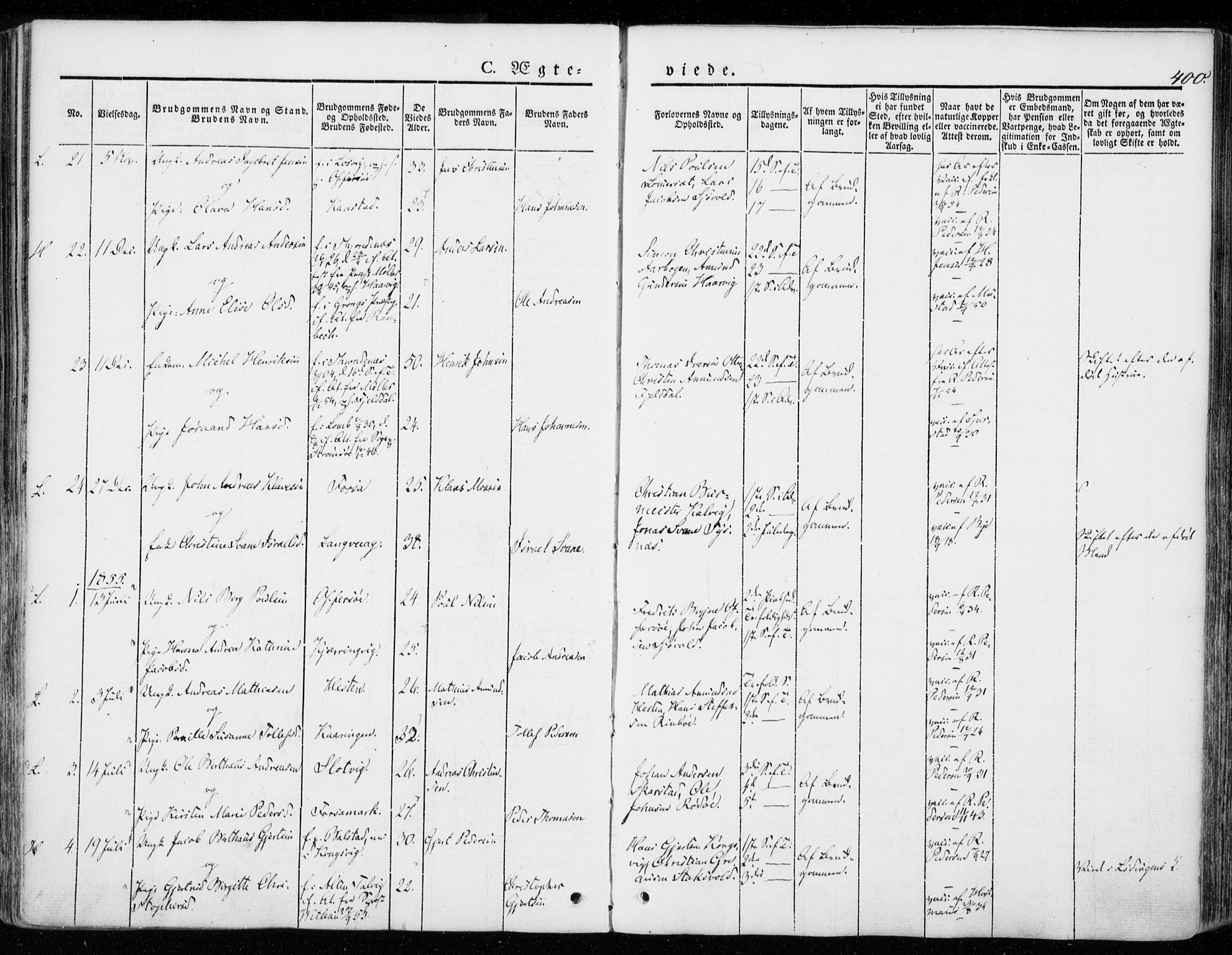 Ministerialprotokoller, klokkerbøker og fødselsregistre - Nordland, SAT/A-1459/872/L1033: Parish register (official) no. 872A08, 1840-1863, p. 400