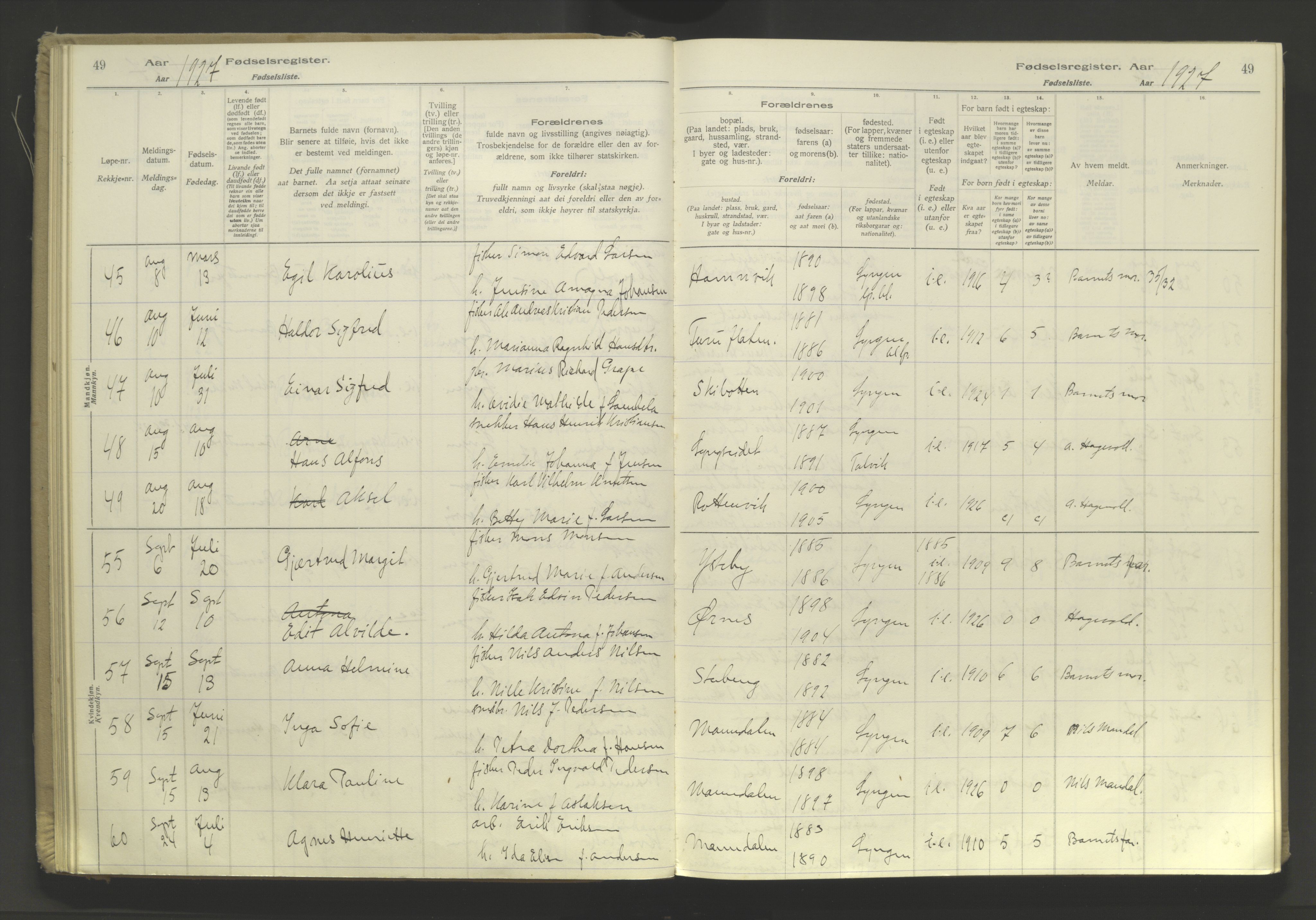 Lyngen sokneprestembete, SATØ/S-1289/I/Ia/L0076: Birth register no. 76, 1924-1945, p. 49