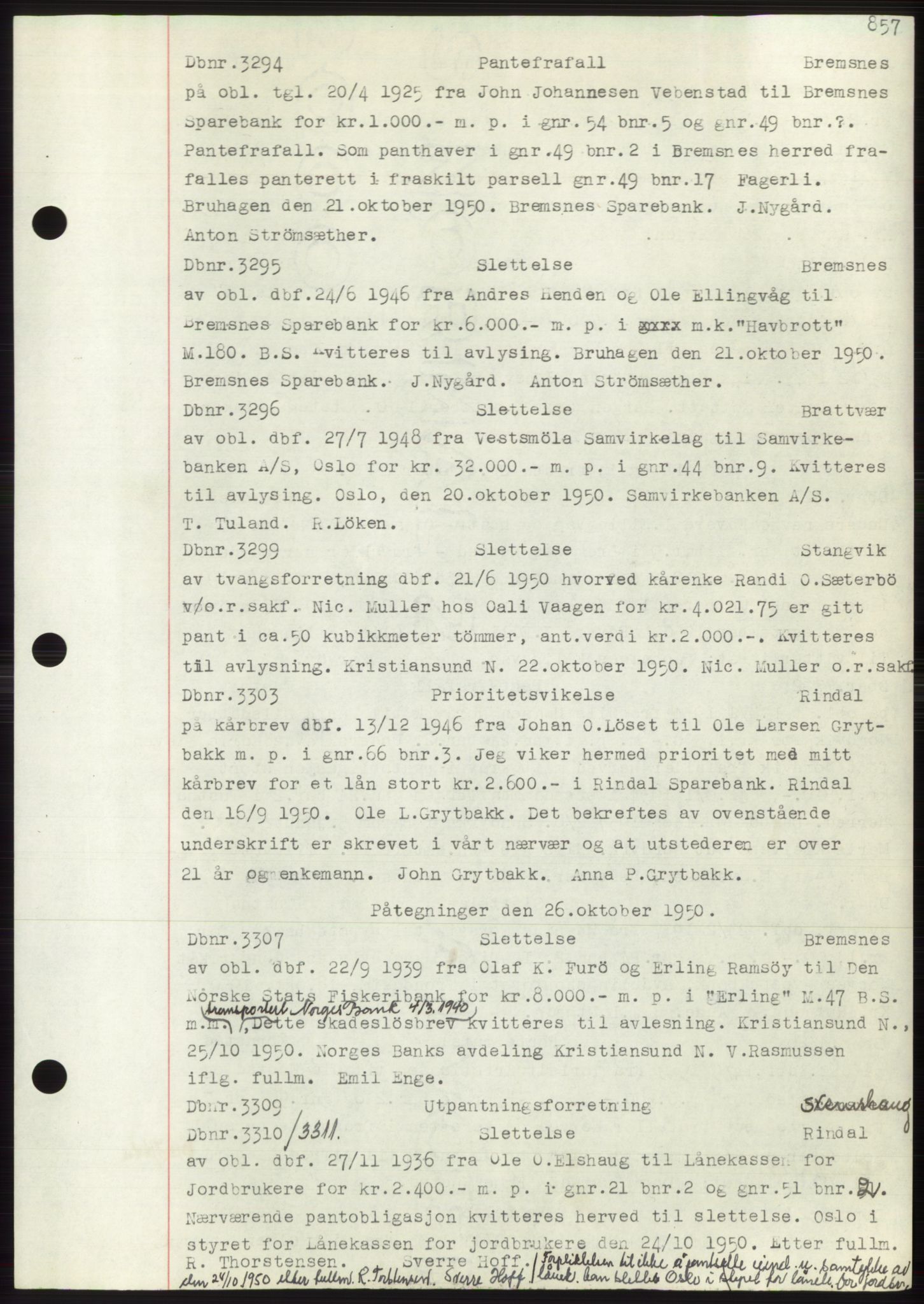 Nordmøre sorenskriveri, AV/SAT-A-4132/1/2/2Ca: Mortgage book no. C82b, 1946-1951, Diary no: : 3294/1950