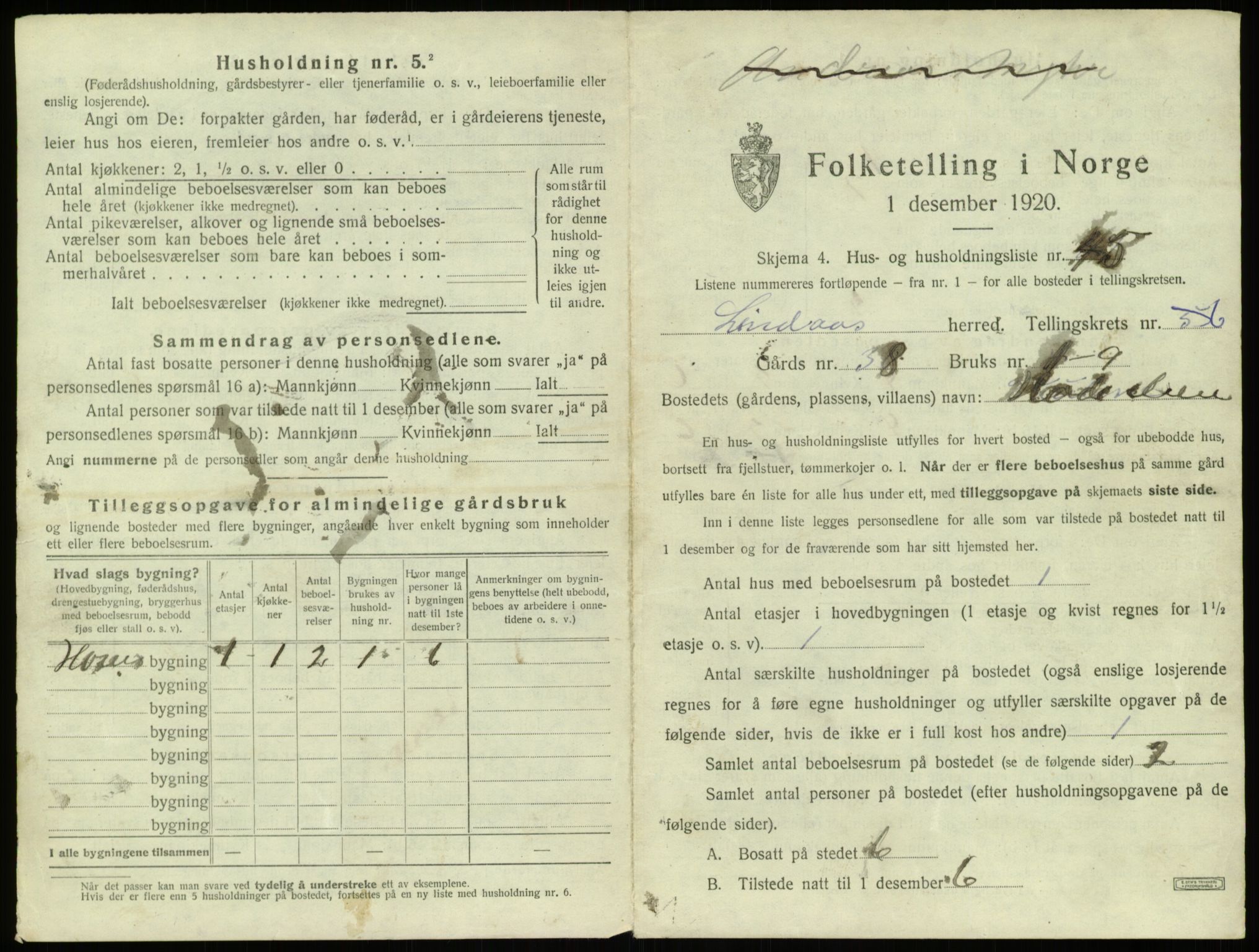 SAB, 1920 census for Lindås, 1920, p. 466