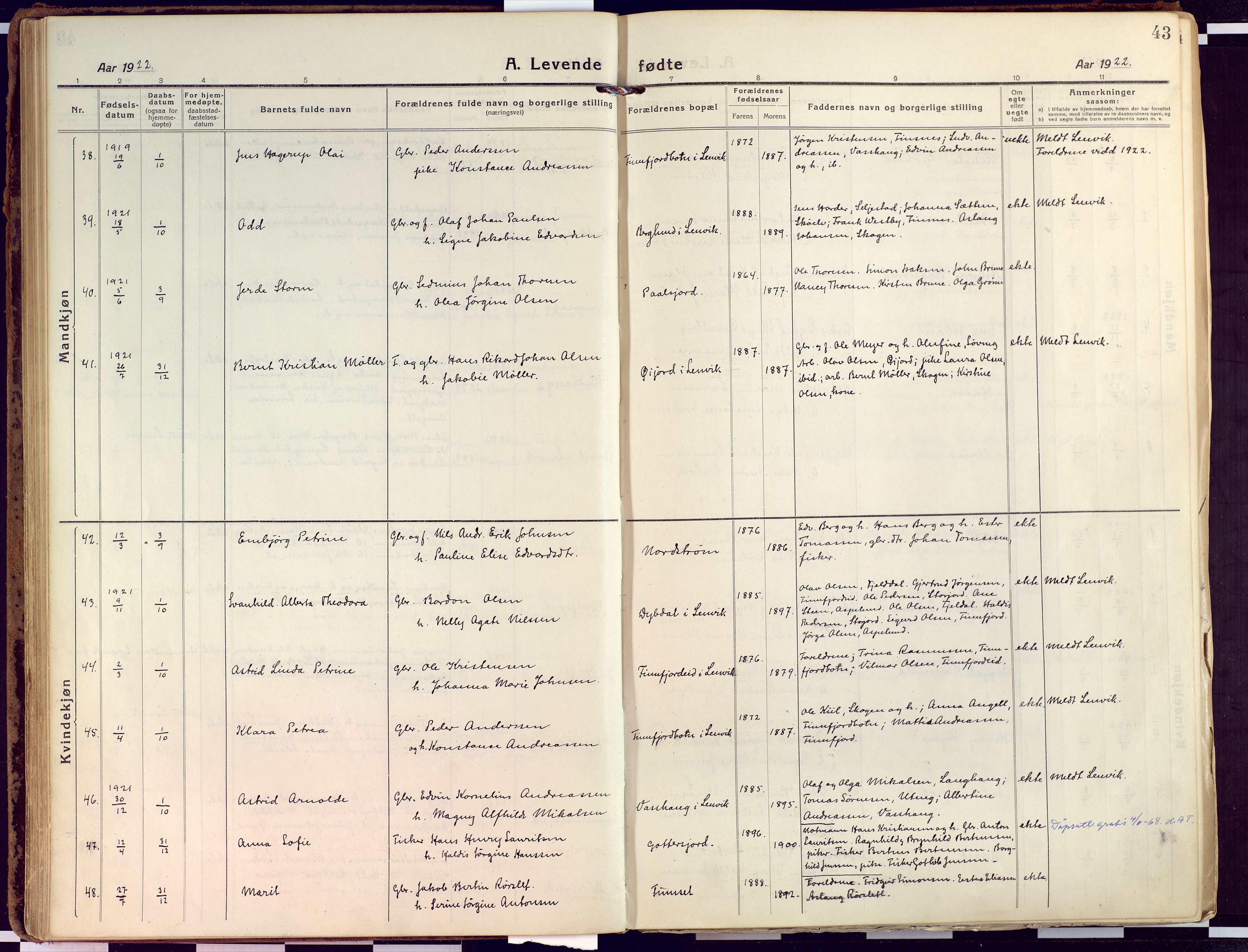 Tranøy sokneprestkontor, AV/SATØ-S-1313/I/Ia/Iaa/L0015kirke: Parish register (official) no. 15, 1919-1928, p. 43