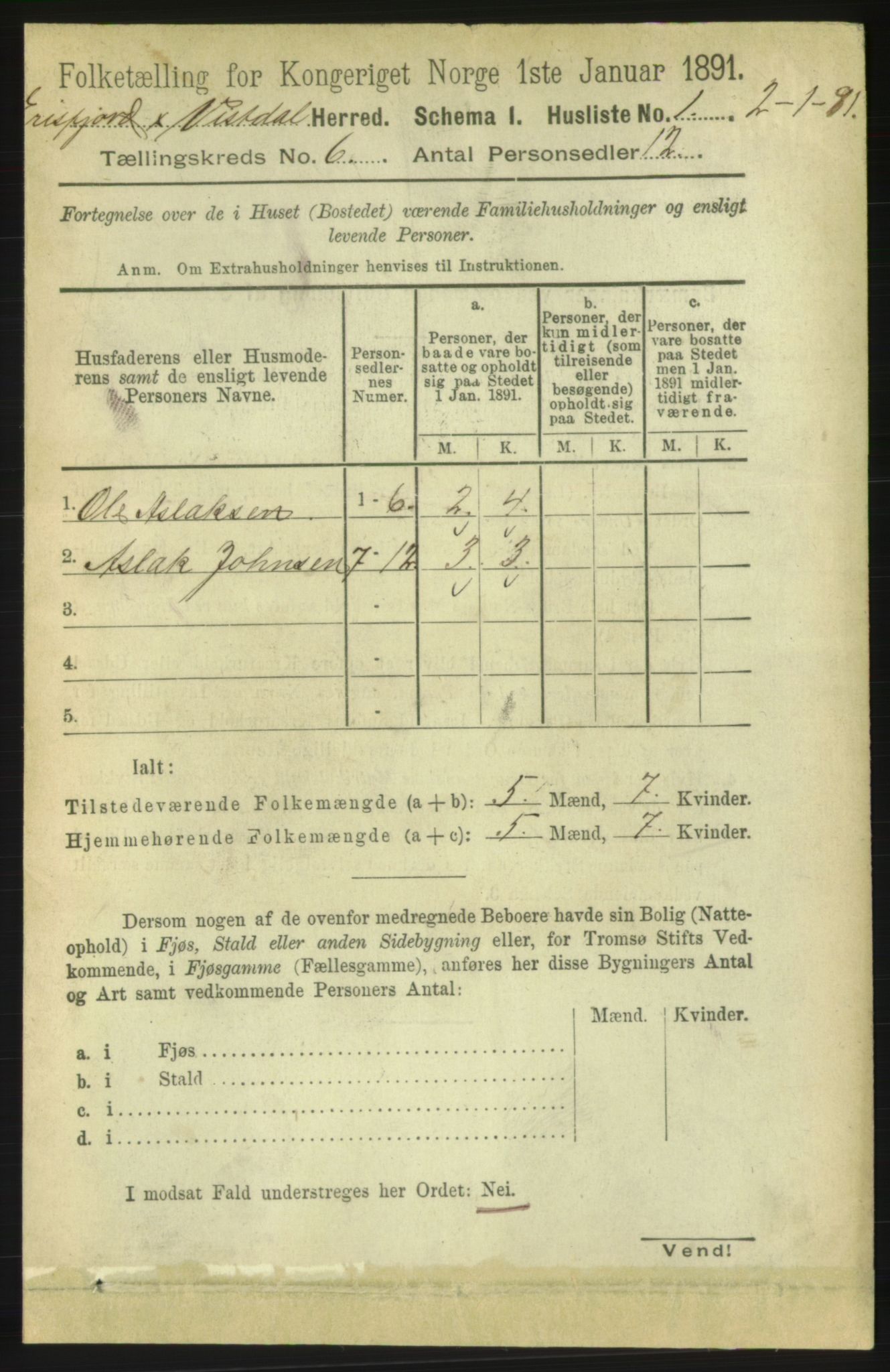 RA, 1891 census for 1542 Eresfjord og Vistdal, 1891, p. 1456