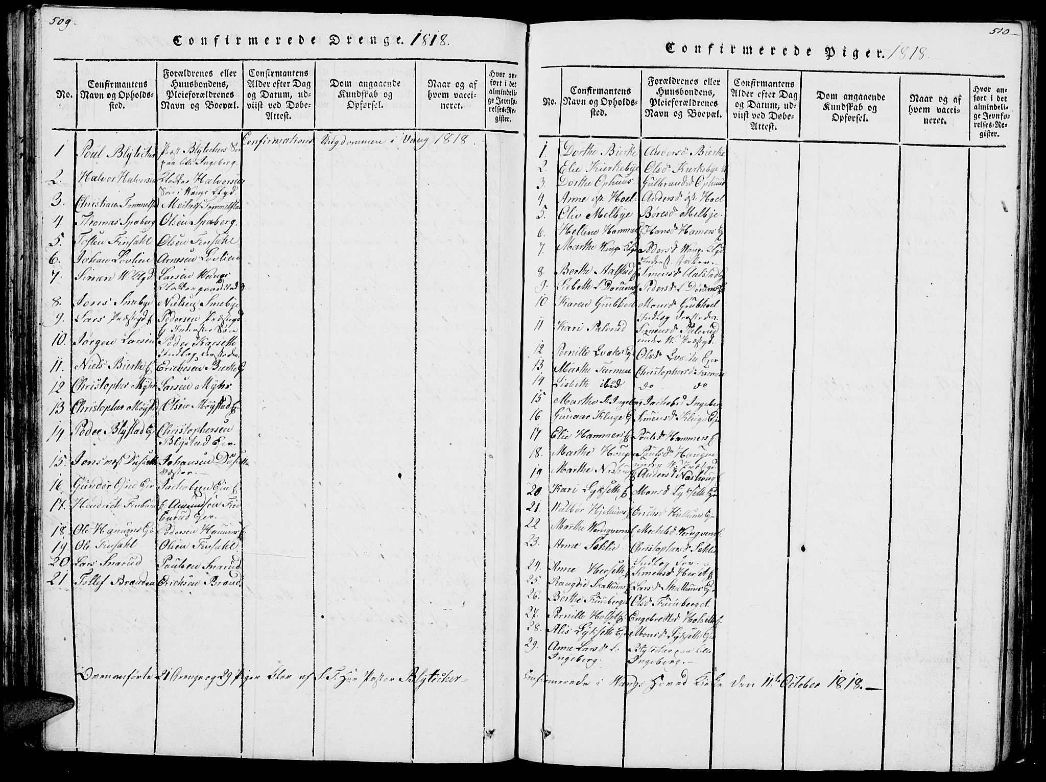 Vang prestekontor, Hedmark, AV/SAH-PREST-008/H/Ha/Haa/L0007: Parish register (official) no. 7, 1813-1826, p. 509-510