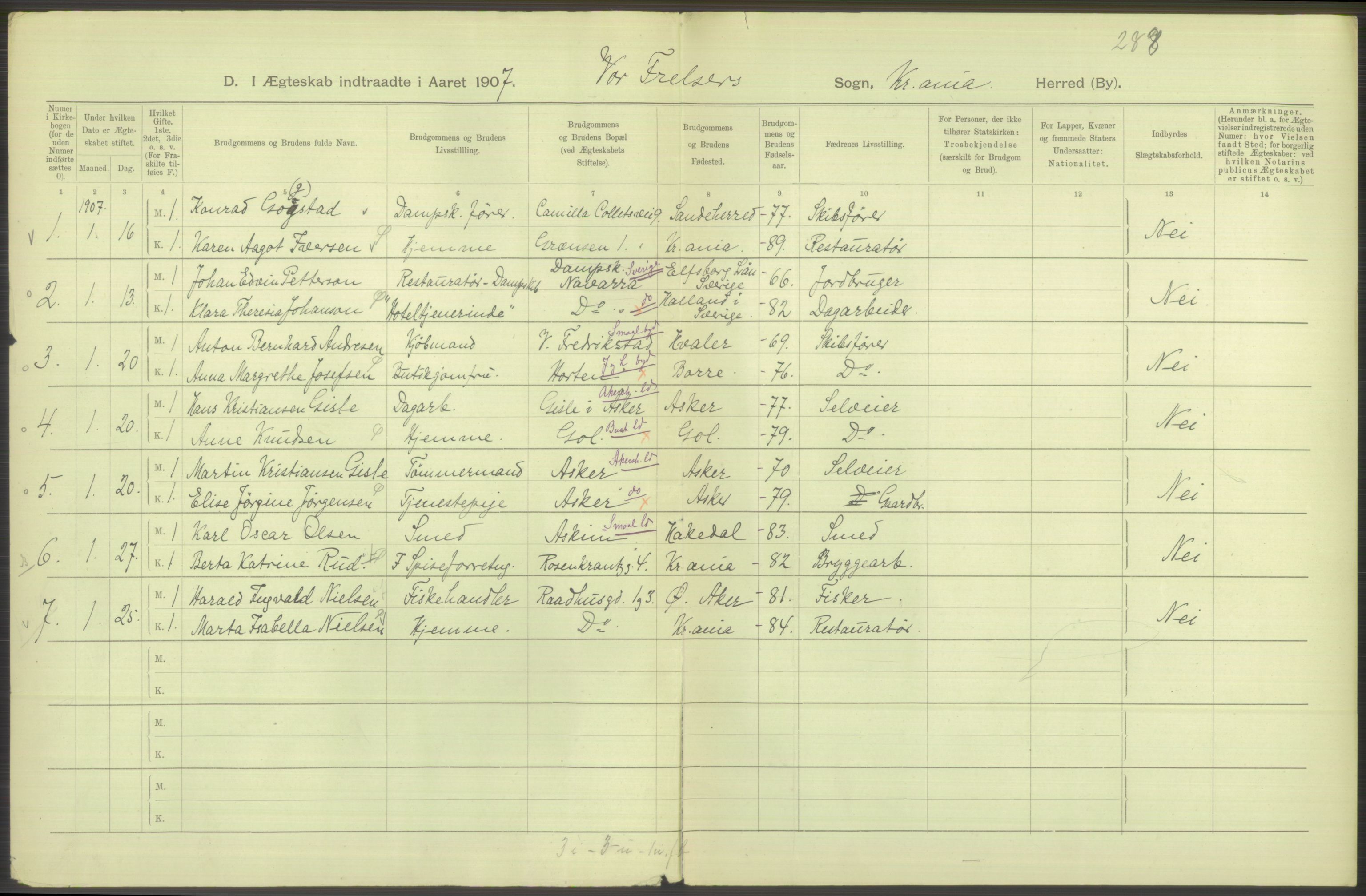 Statistisk sentralbyrå, Sosiodemografiske emner, Befolkning, AV/RA-S-2228/D/Df/Dfa/Dfae/L0008: Kristiania: Gifte, 1907, p. 278