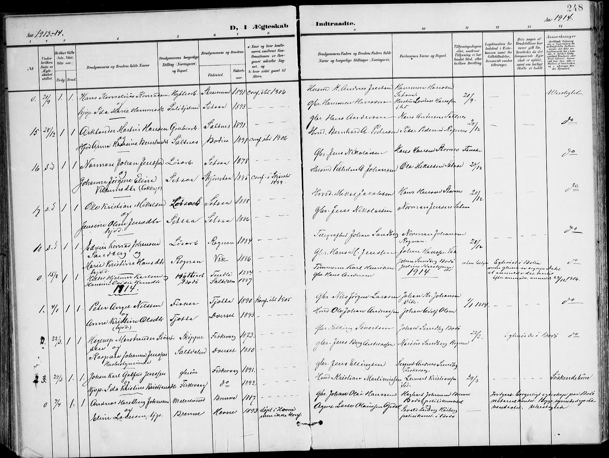 Ministerialprotokoller, klokkerbøker og fødselsregistre - Nordland, SAT/A-1459/847/L0672: Parish register (official) no. 847A12, 1902-1919, p. 248