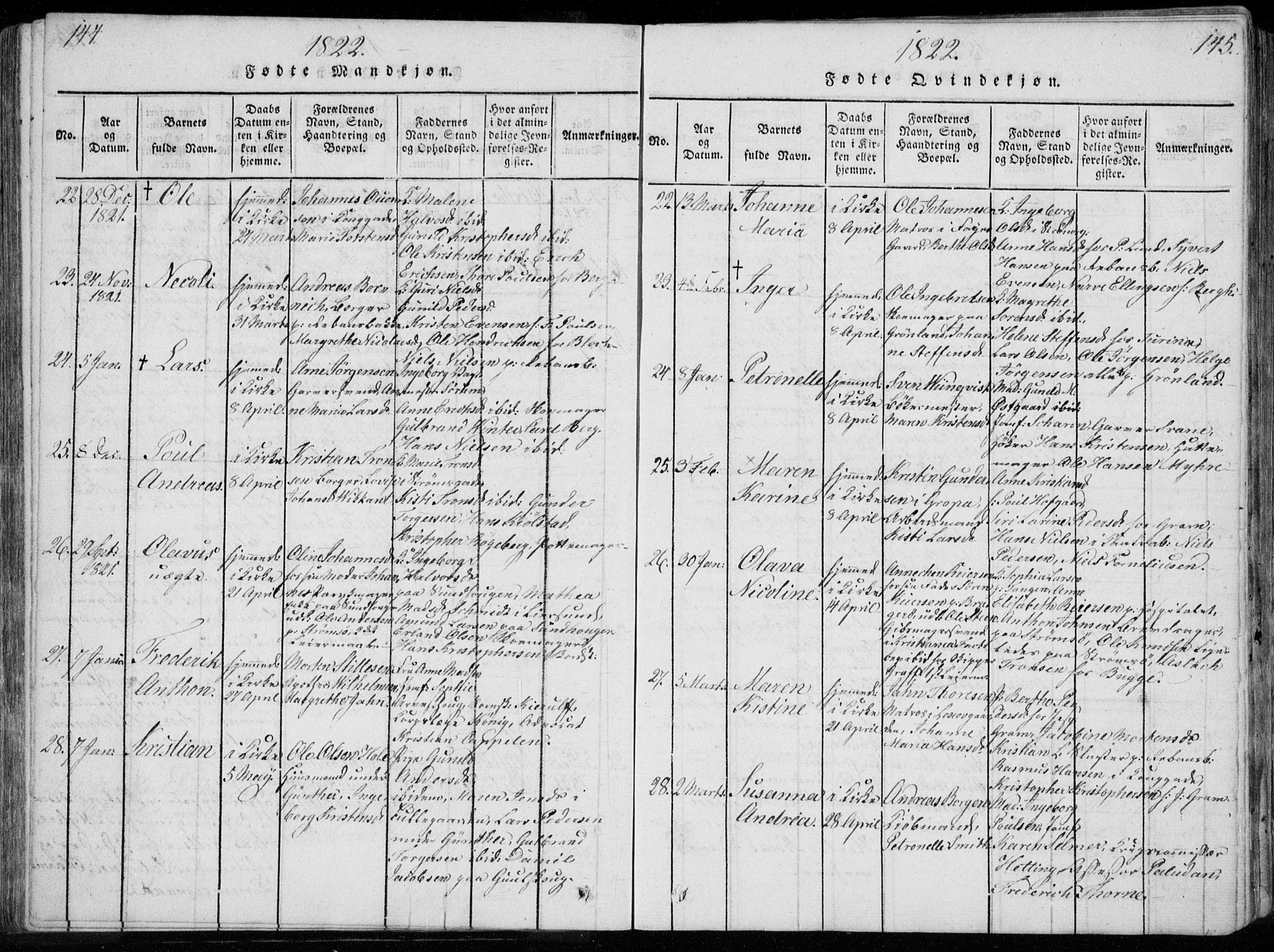 Bragernes kirkebøker, SAKO/A-6/F/Fa/L0007: Parish register (official) no. I 7, 1815-1829, p. 144-145