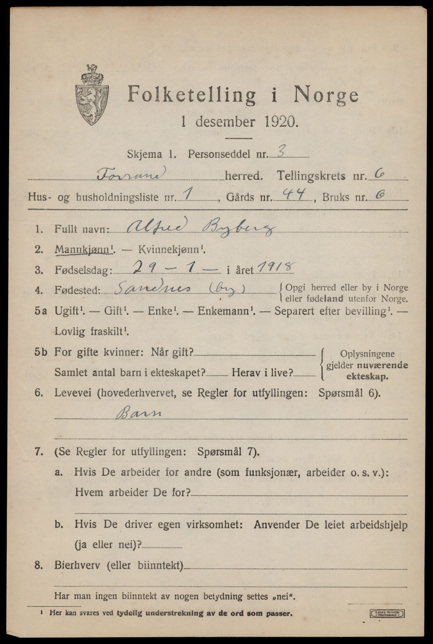 SAST, 1920 census for Forsand, 1920, p. 2769