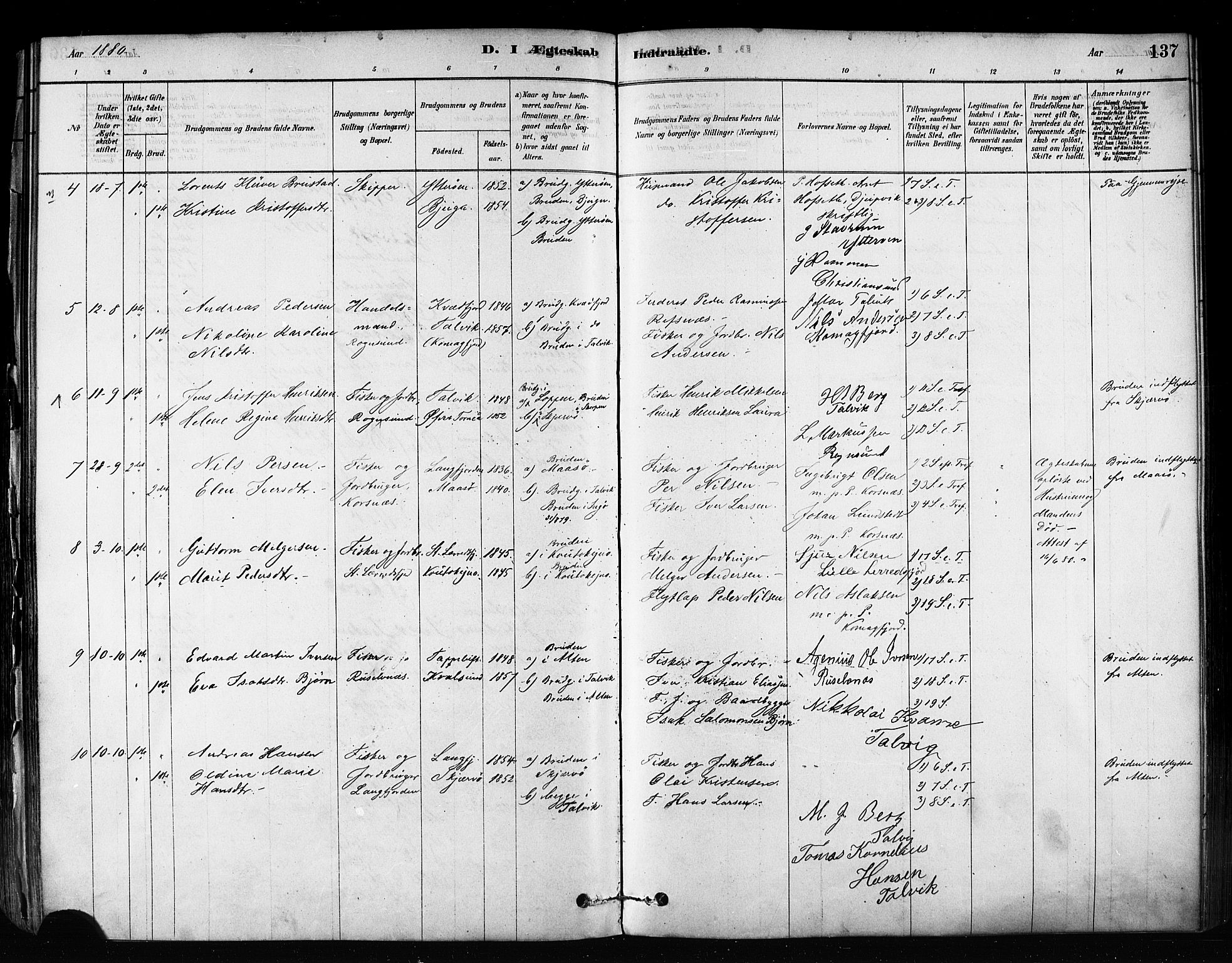 Talvik sokneprestkontor, AV/SATØ-S-1337/H/Ha/L0012kirke: Parish register (official) no. 12, 1878-1886, p. 137