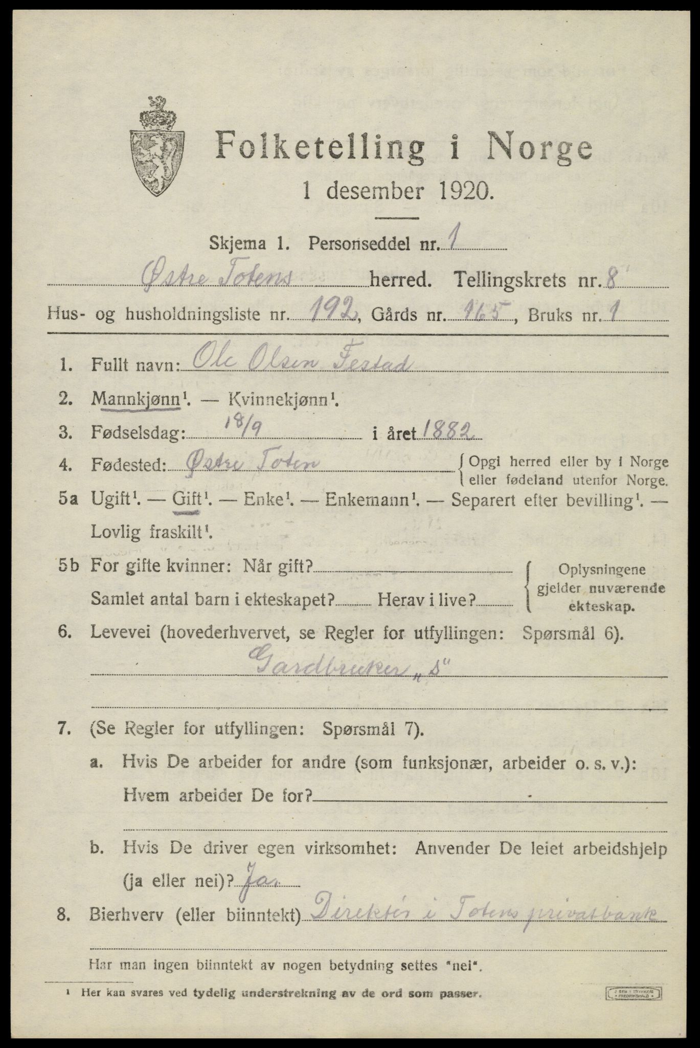 SAH, 1920 census for Østre Toten, 1920, p. 17790