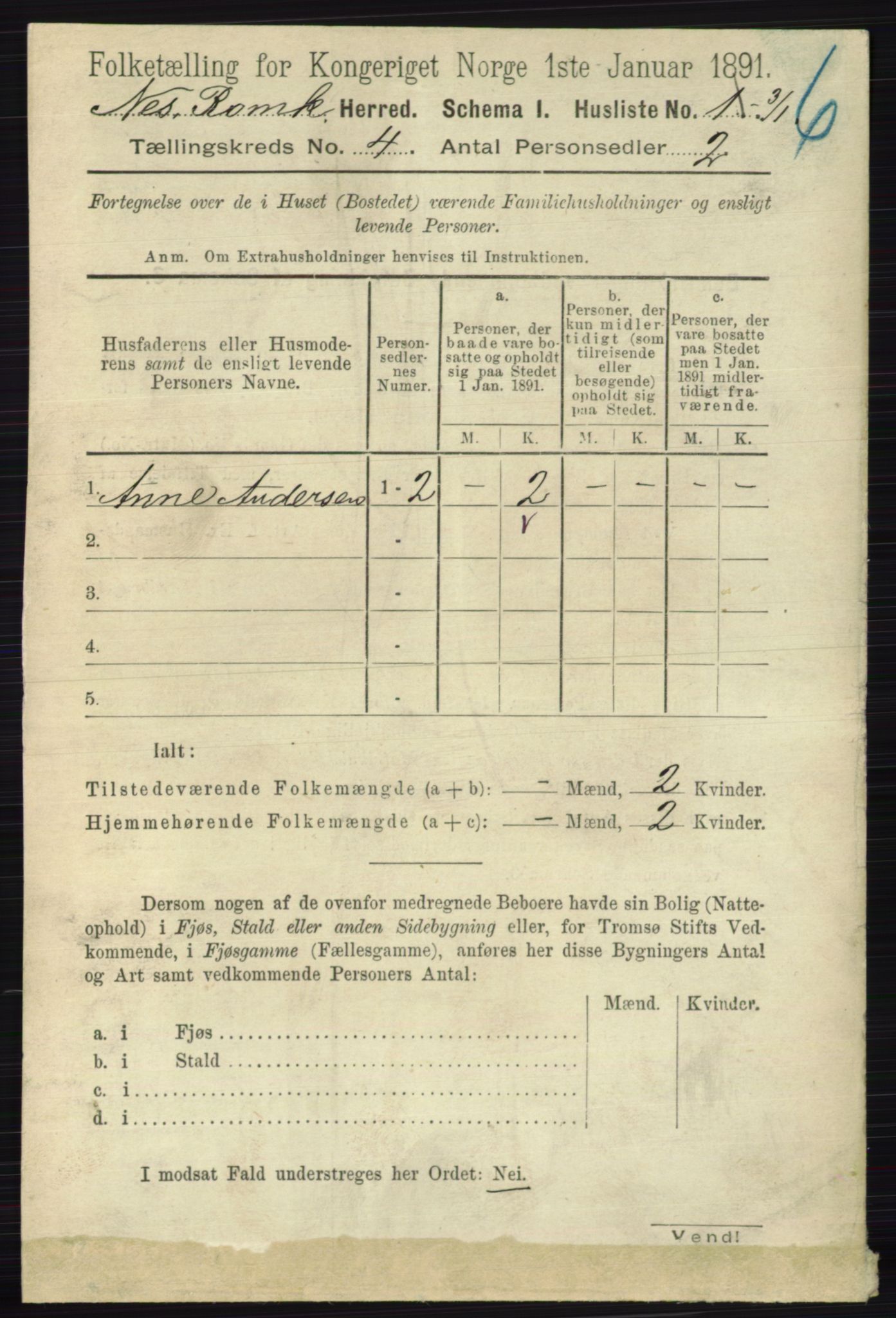 RA, 1891 census for 0236 Nes, 1891, p. 2182