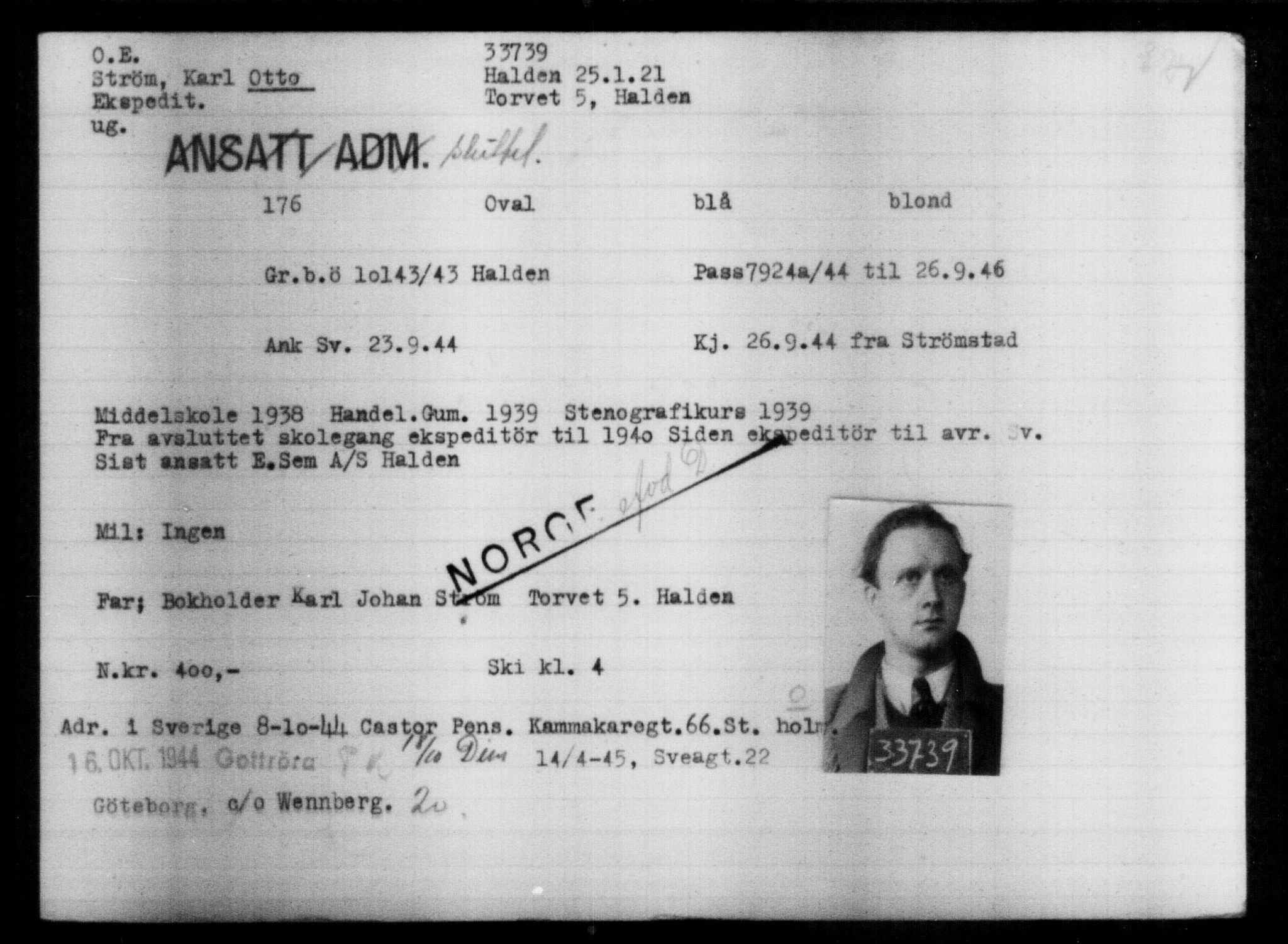 Utenriksstasjonene, Legasjonen i Stockholm, Flyktningkontoret, AV/RA-S-6753/V/Va/L0013: Kjesäterkartoteket, flyktninger med registreringsnr. 31500-34731, 1940-1945, p. 2364