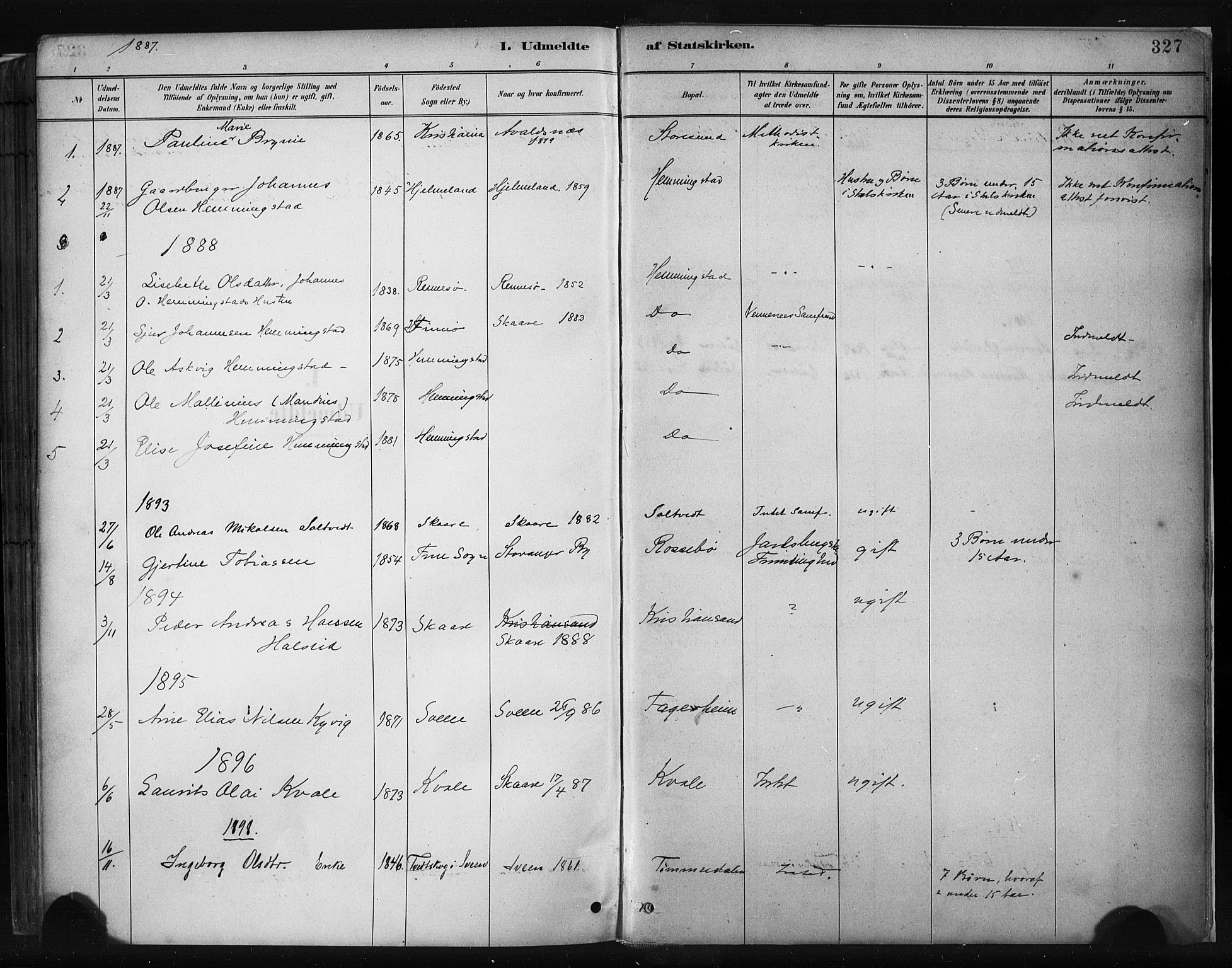 Haugesund sokneprestkontor, SAST/A -101863/H/Ha/Haa/L0004: Parish register (official) no. A 4, 1886-1908, p. 327